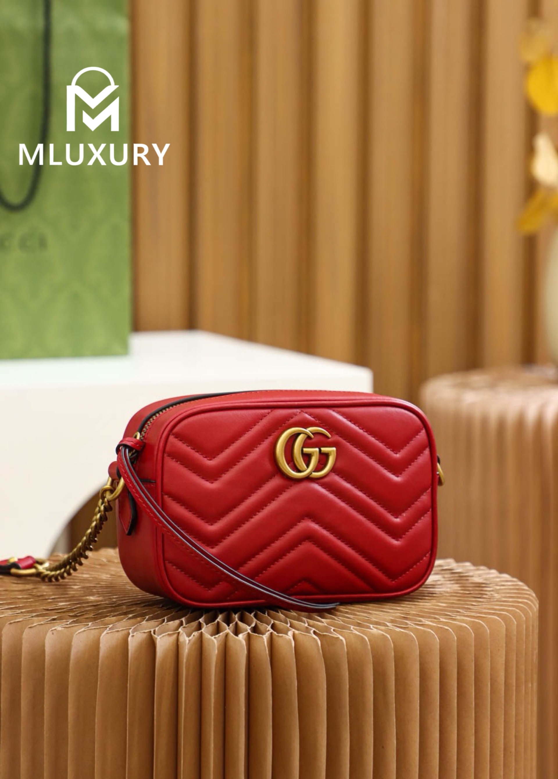 GUCCI Marmont Camera Bag, Genuine Leather, Red