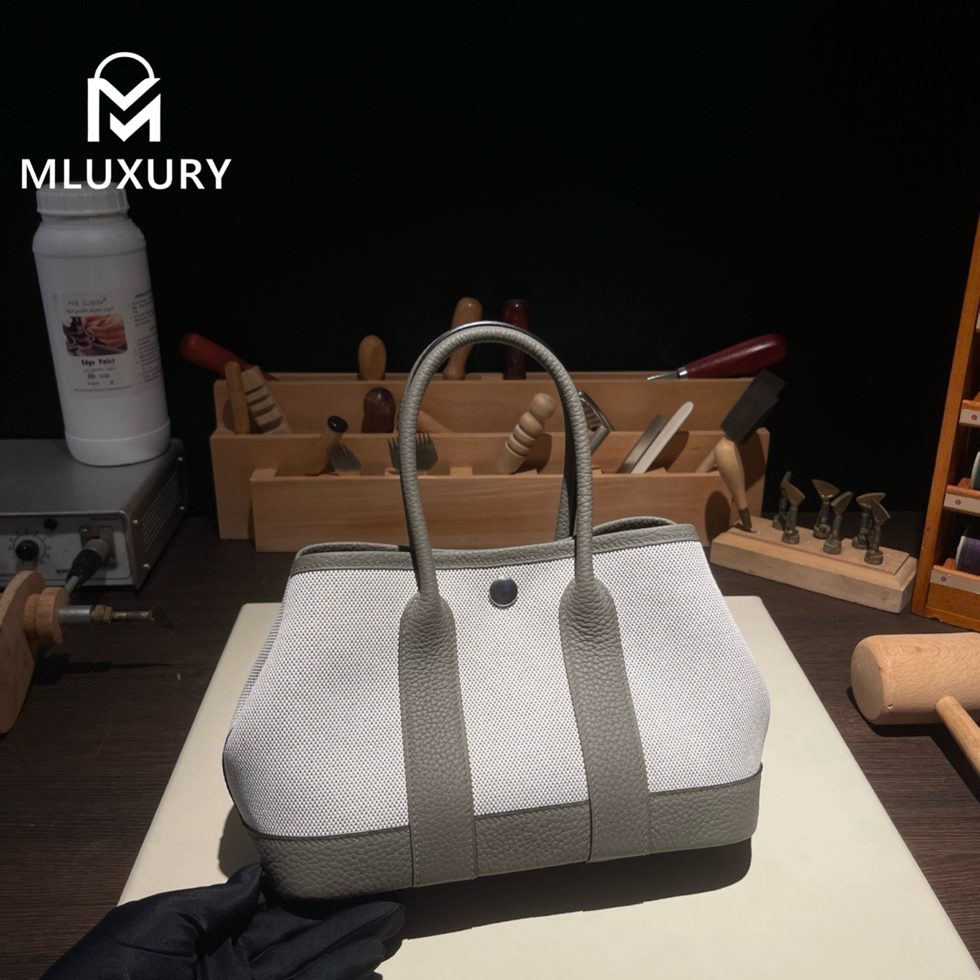 Hermès Mini Garden Part, original Togo leather patchwork, cumulonimbus grey patchwork, silver hardware