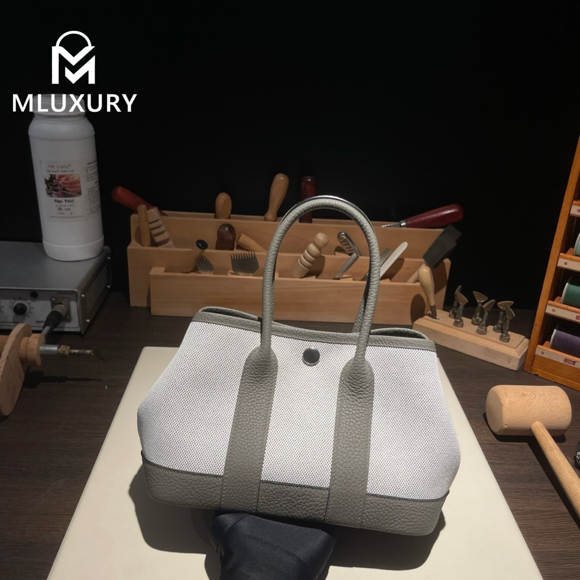 Hermès Mini Garden Part, original Togo leather patchwork, cumulonimbus grey patchwork, silver hardware