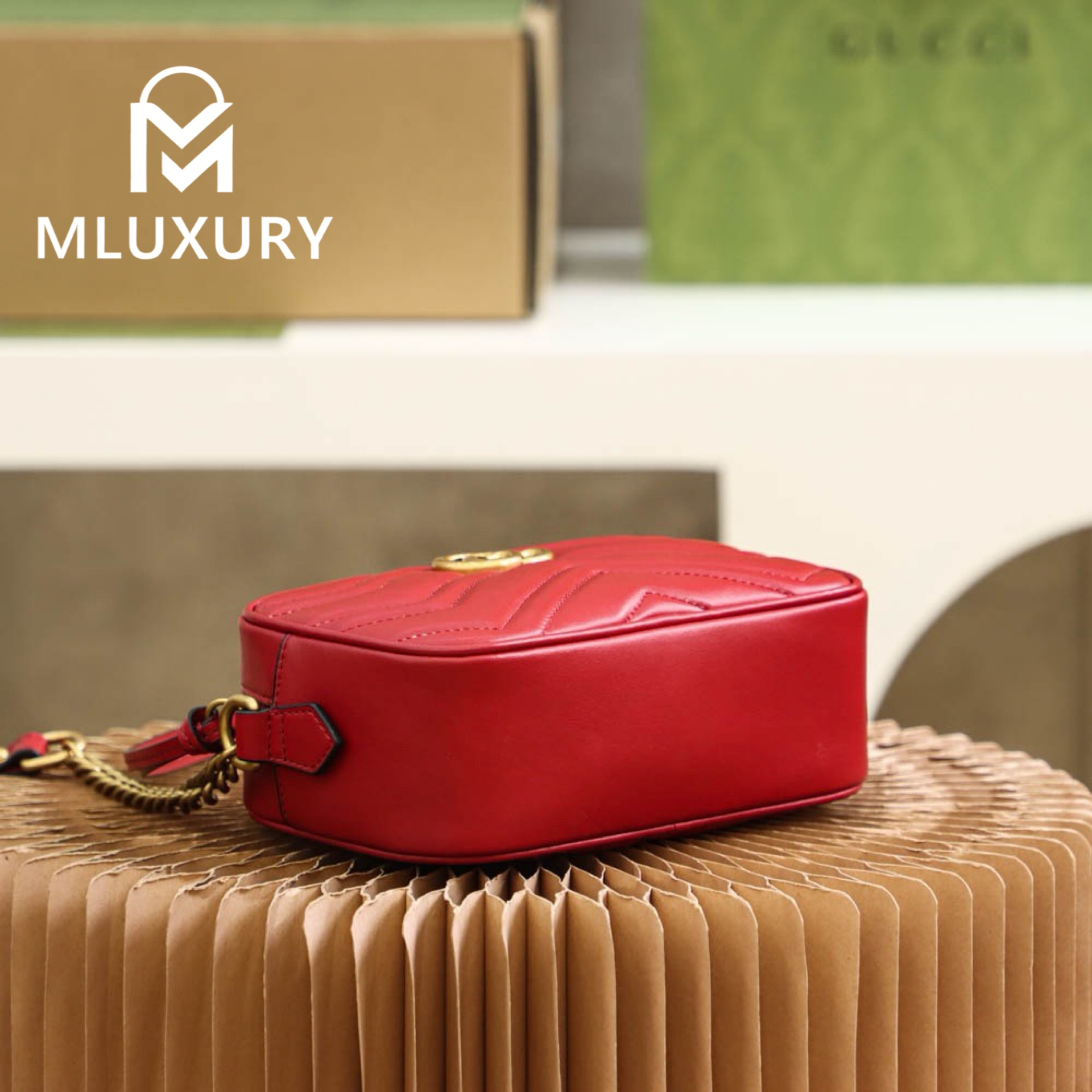 GUCCI Marmont Camera Bag, Genuine Leather, Red