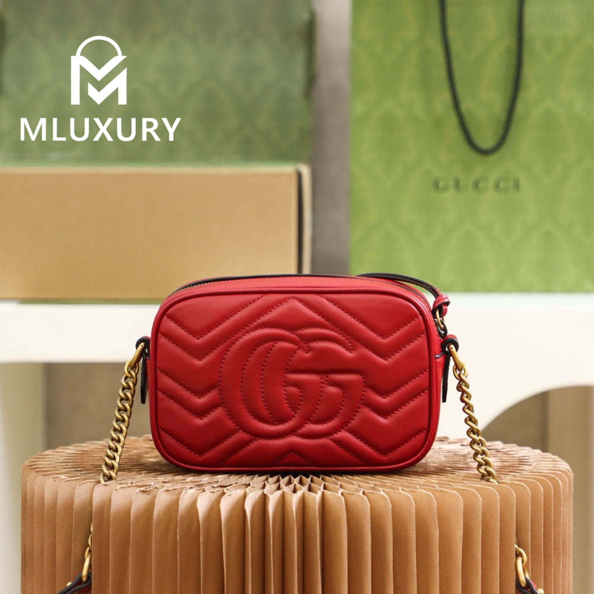 GUCCI Marmont Camera Bag, Genuine Leather, Red