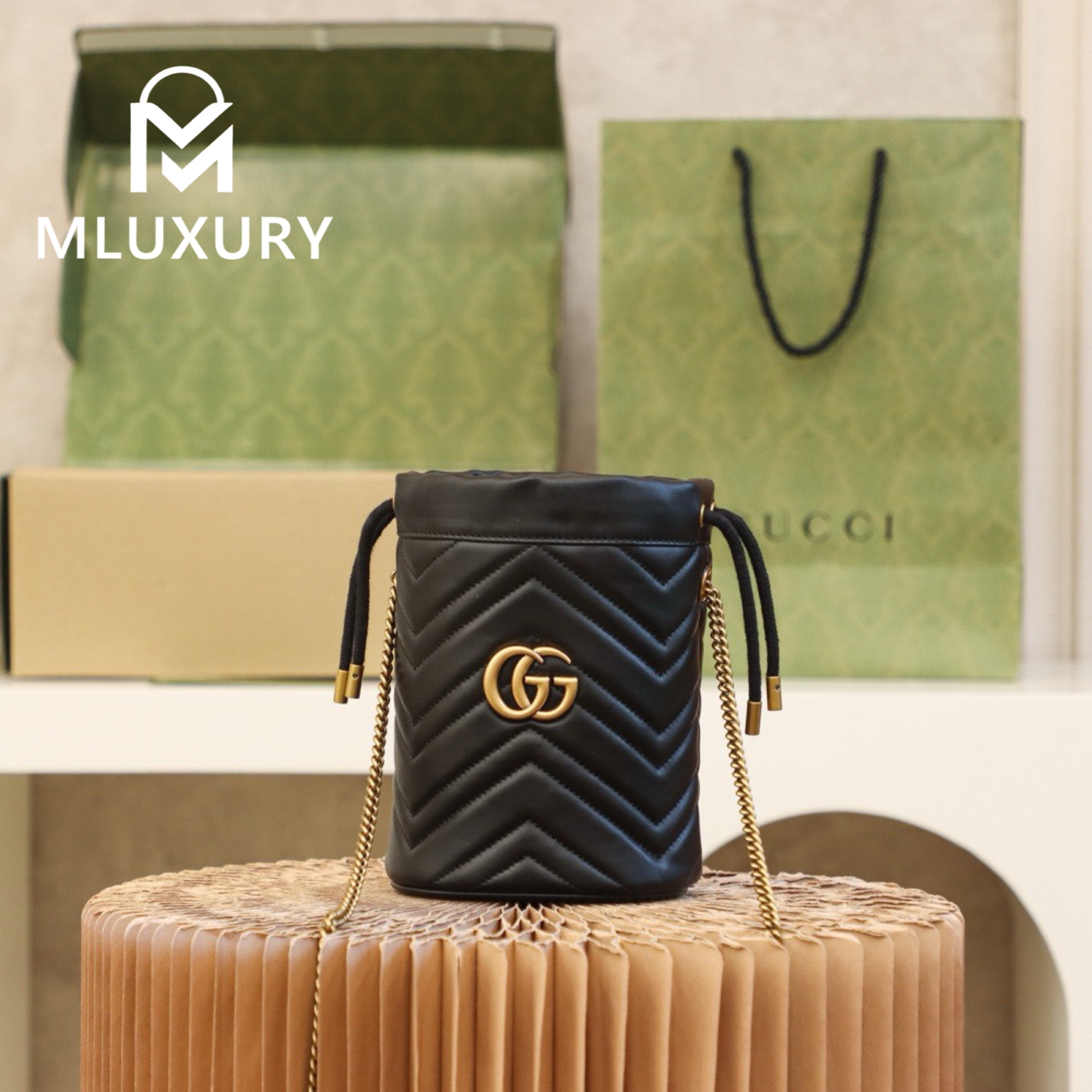GUCCI Marmont MINI Bucket Bag, Genuine Leather, Black