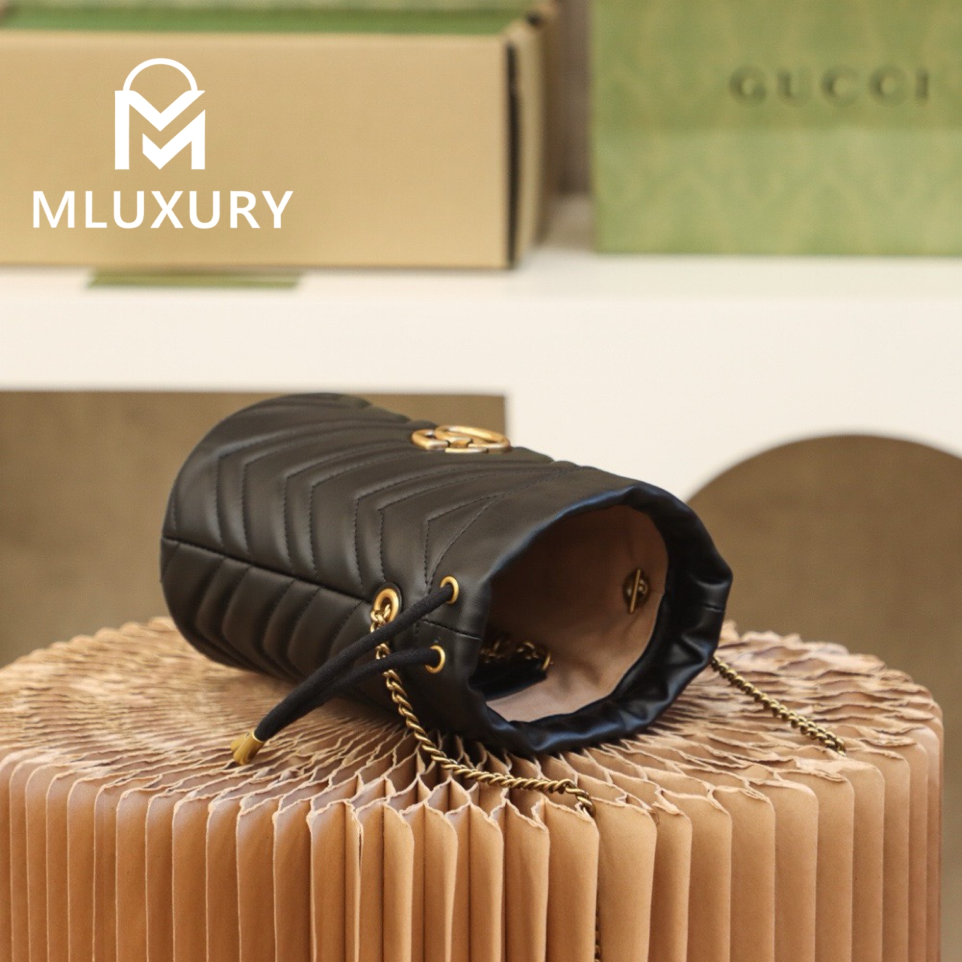 GUCCI Marmont MINI Bucket Bag, Genuine Leather, Black