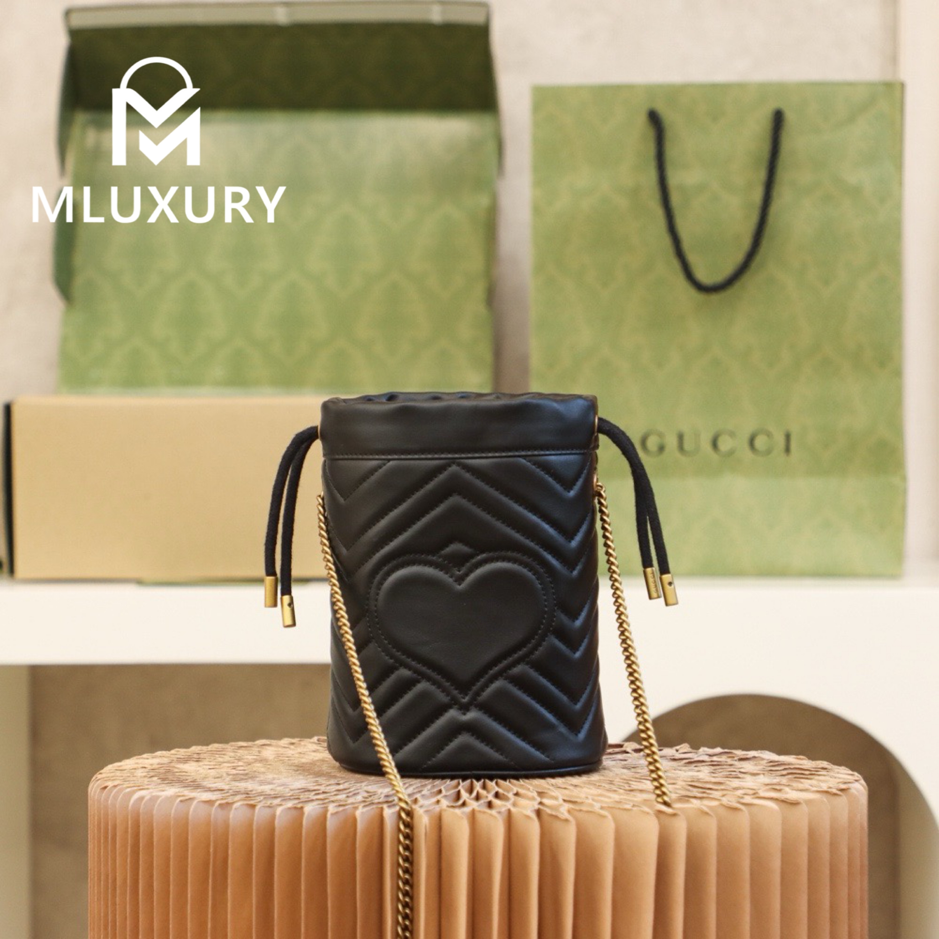 GUCCI Marmont MINI Bucket Bag, Genuine Leather, Black