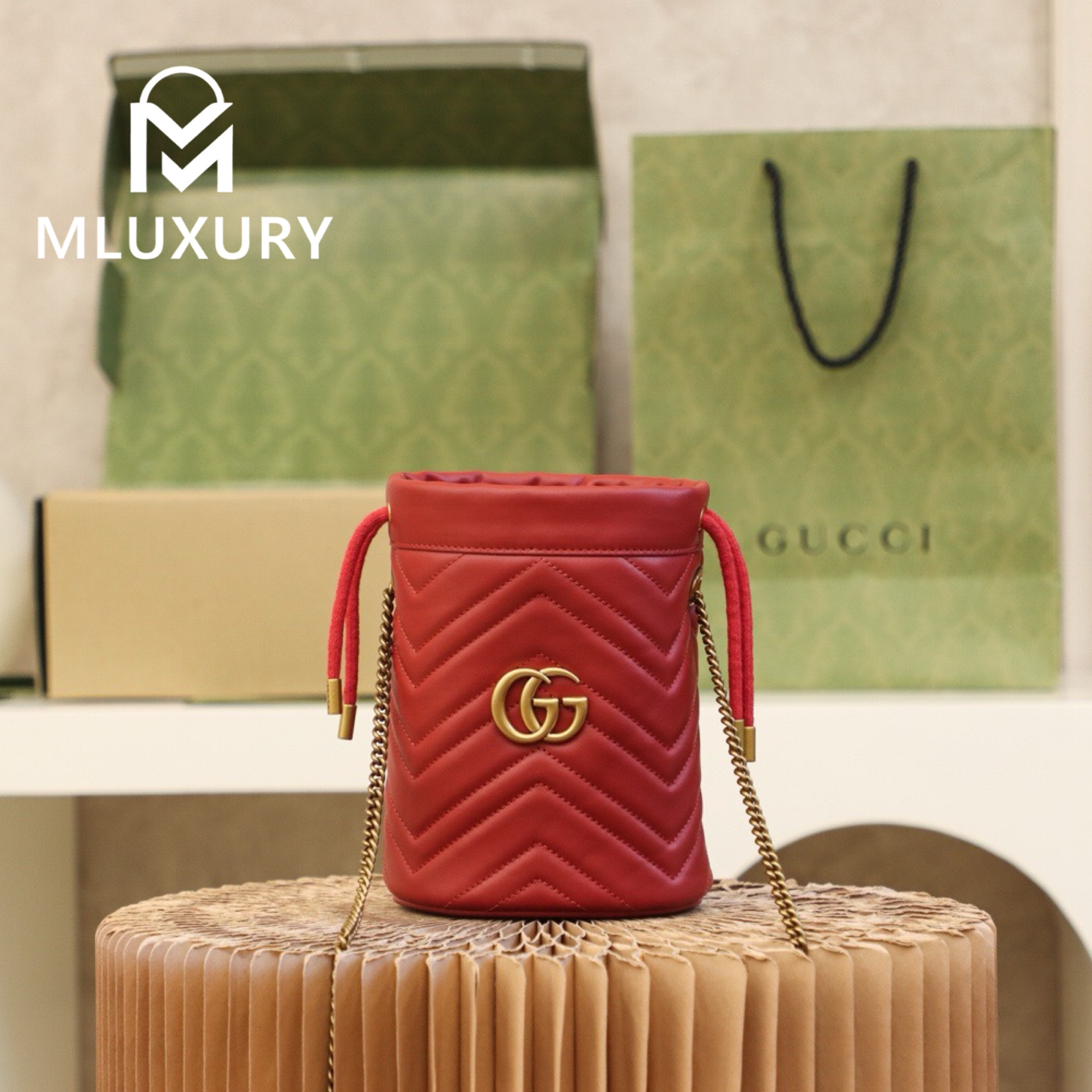GUCCI Marmont MINI Bucket Bag, Genuine Leather, Red