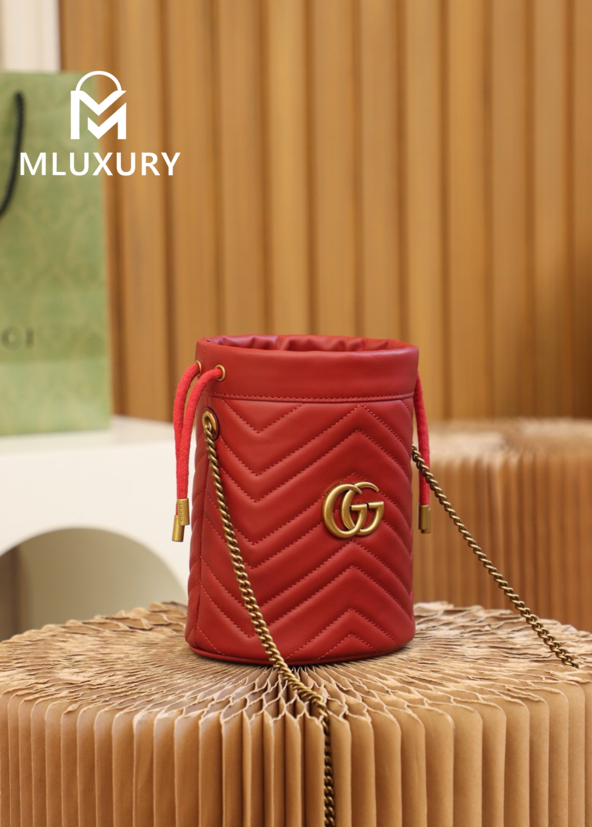GUCCI Marmont MINI Bucket Bag, Genuine Leather, Red