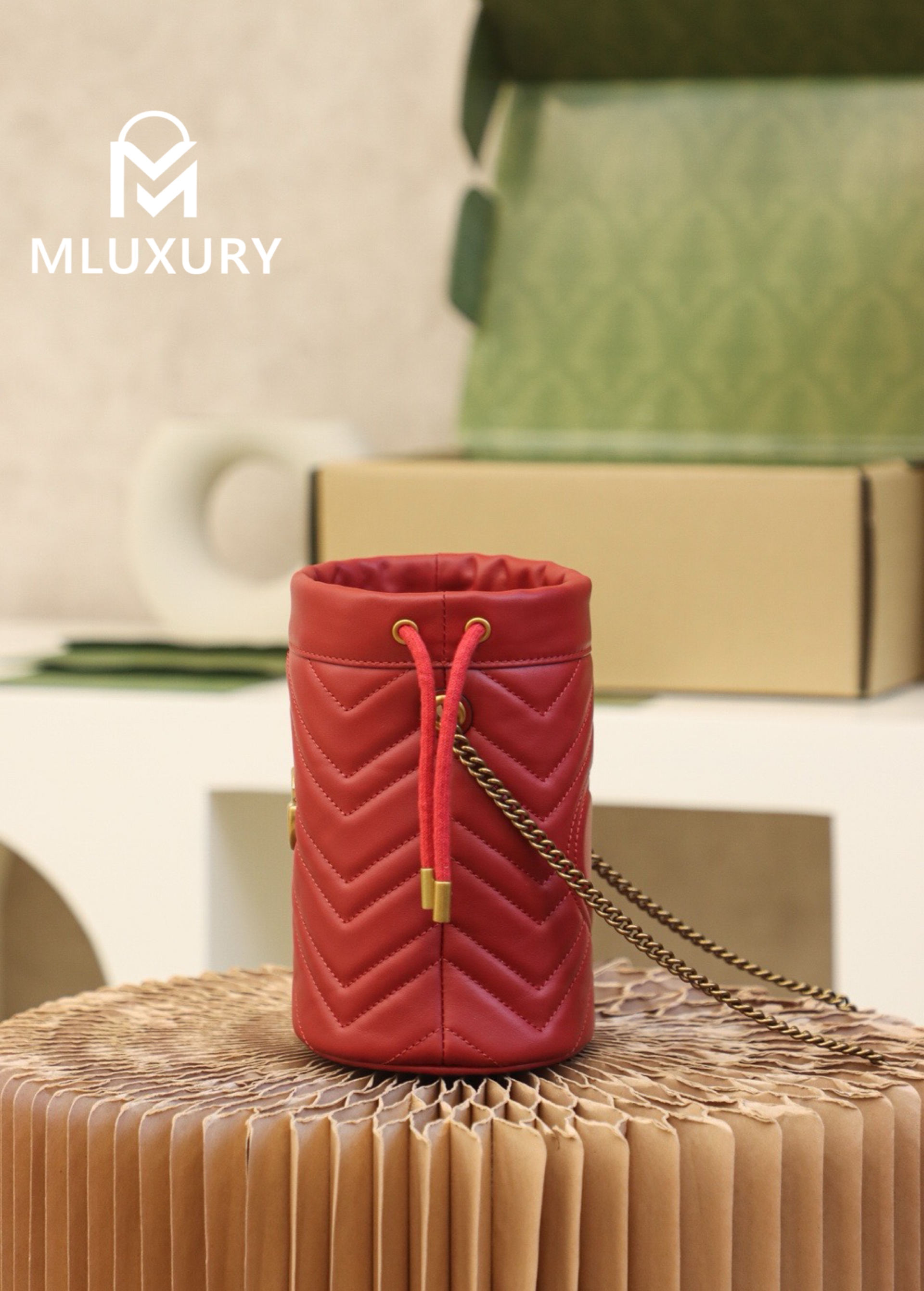 GUCCI Marmont MINI Bucket Bag, Genuine Leather, Red