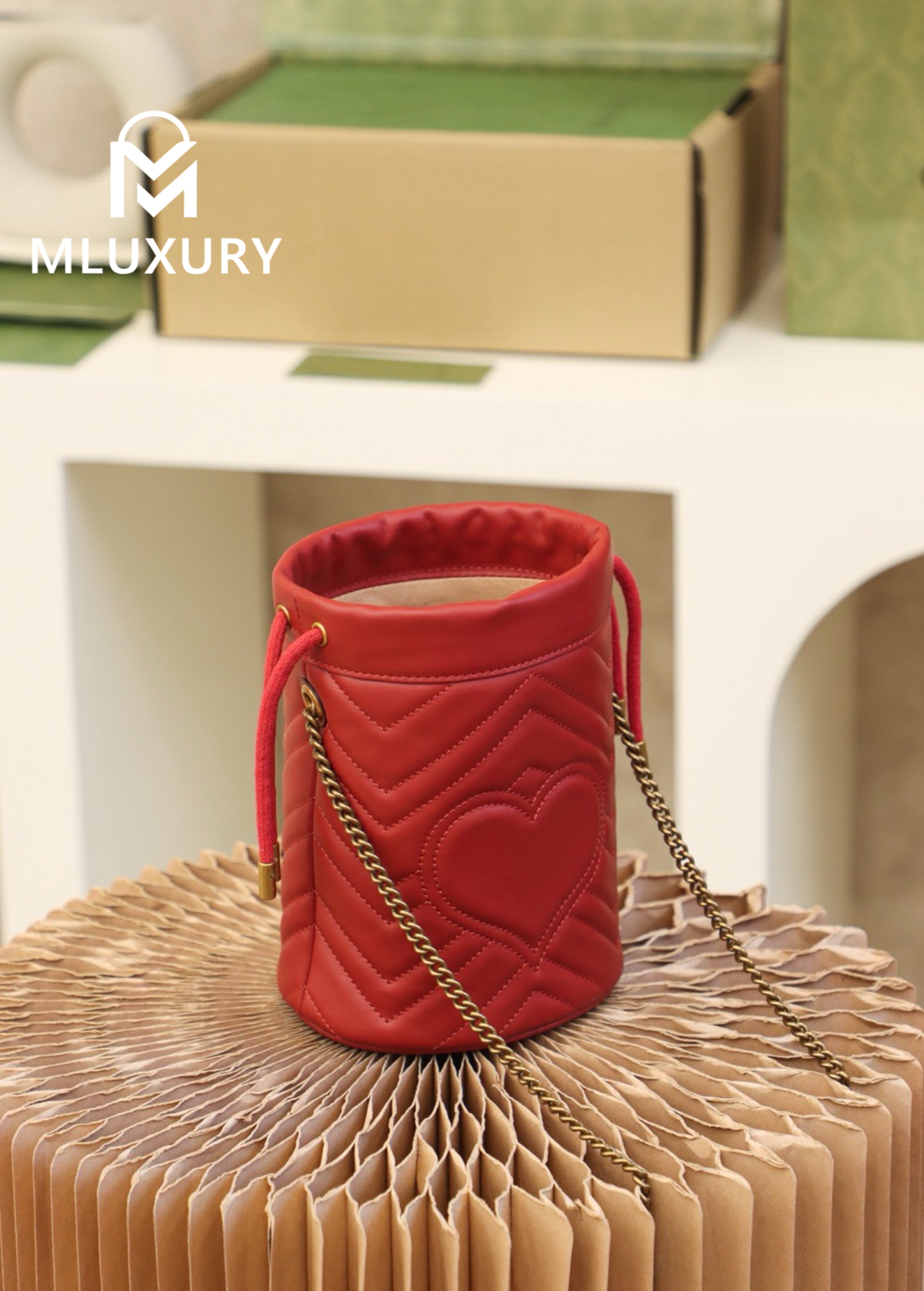 GUCCI Marmont MINI Bucket Bag, Genuine Leather, Red