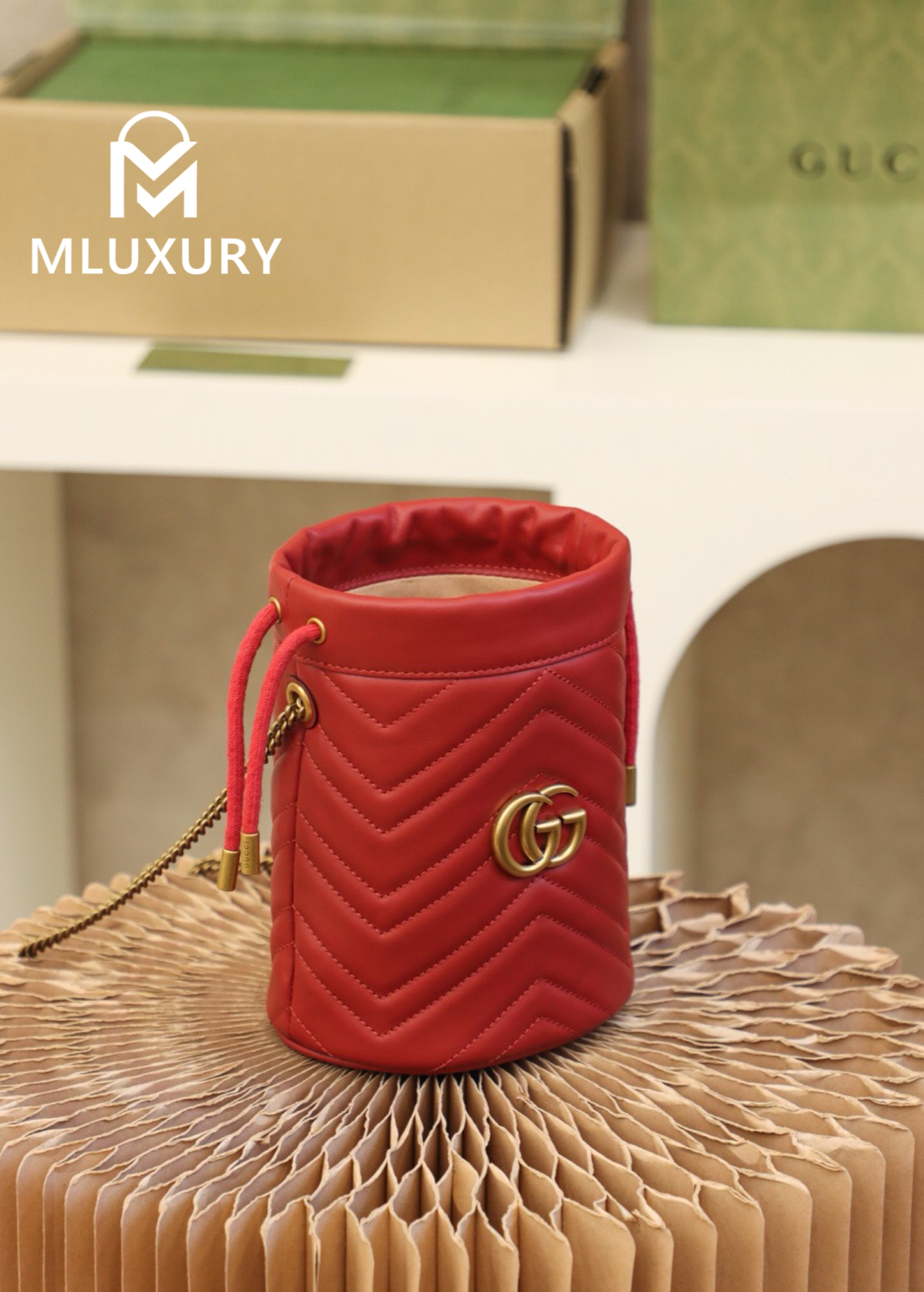 GUCCI Marmont MINI Bucket Bag, Genuine Leather, Red