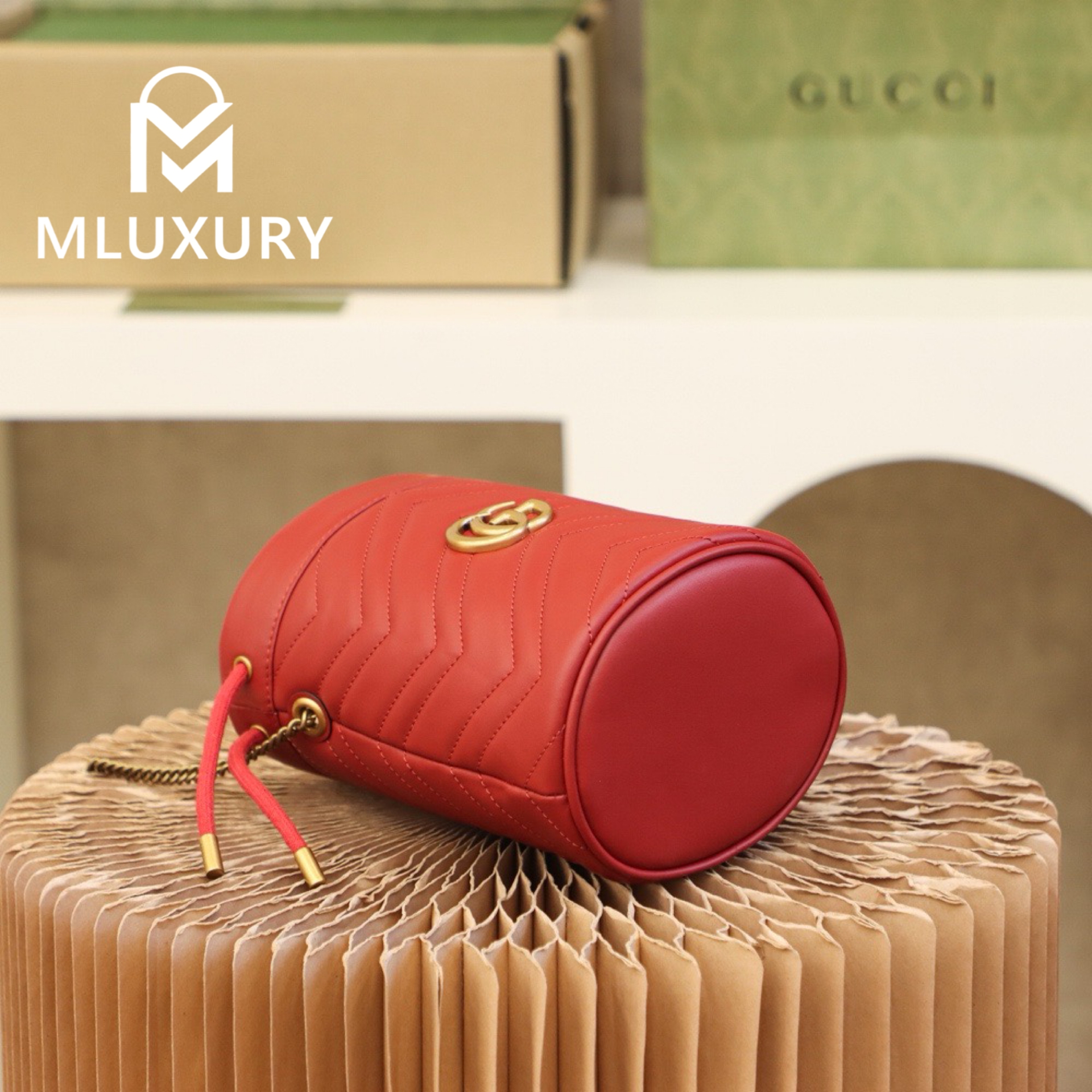 GUCCI Marmont MINI Bucket Bag, Genuine Leather, Red