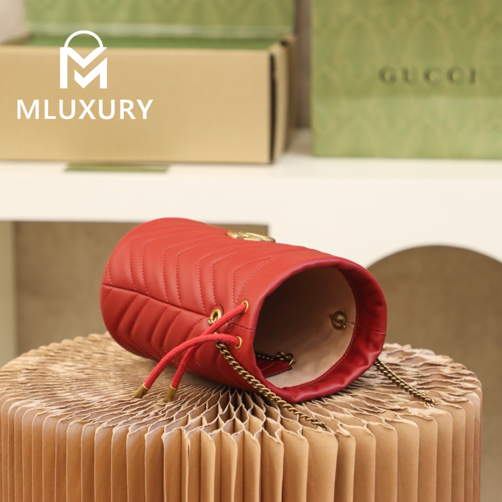 GUCCI Marmont MINI Bucket Bag, Genuine Leather, Red