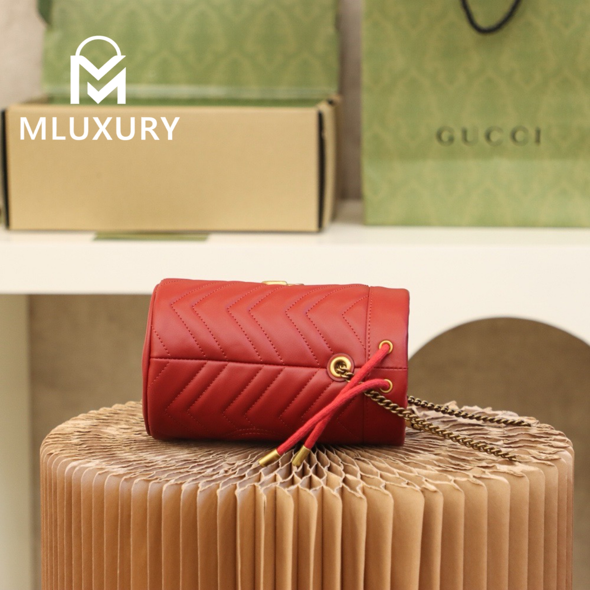 GUCCI Marmont MINI Bucket Bag, Genuine Leather, Red