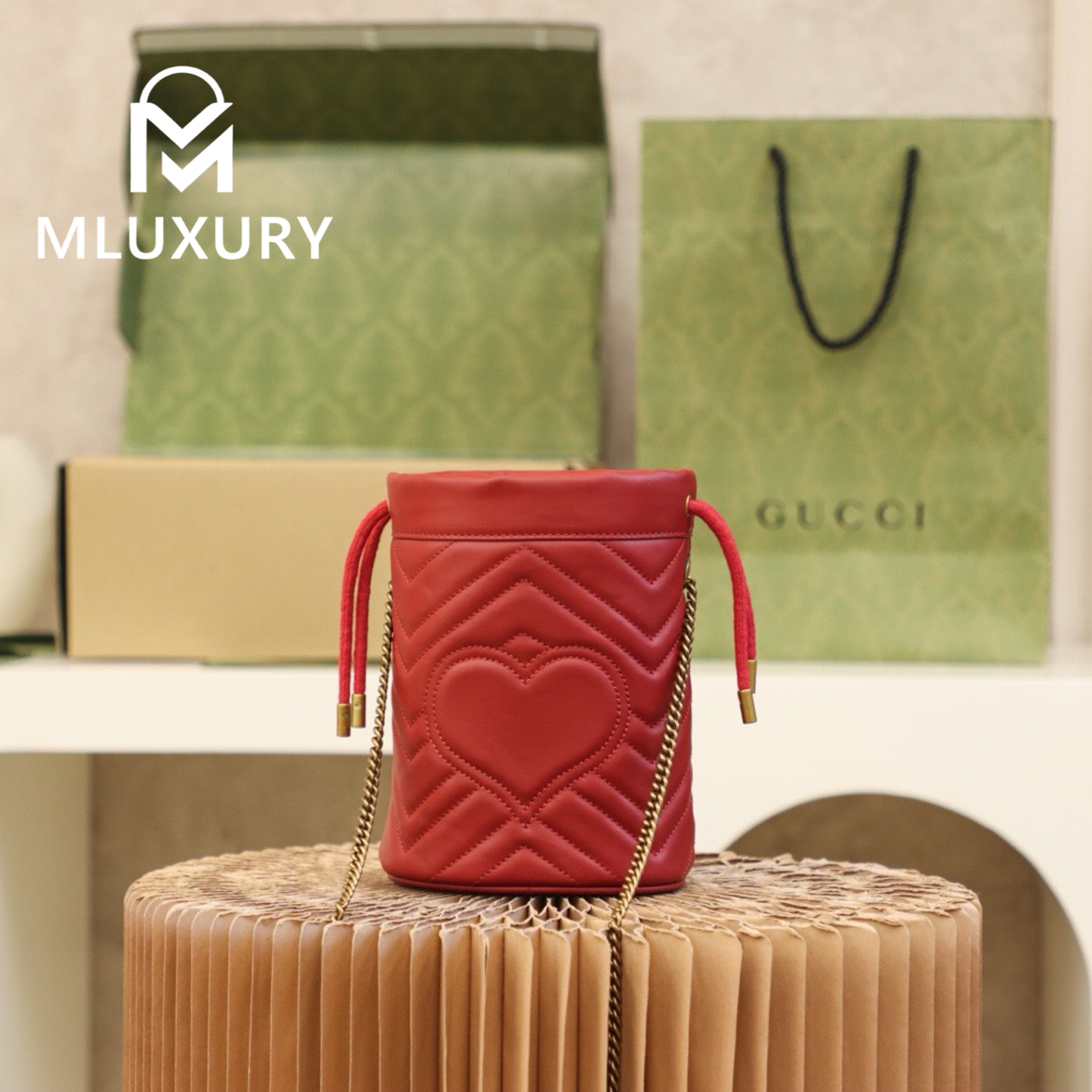 GUCCI Marmont MINI Bucket Bag, Genuine Leather, Red