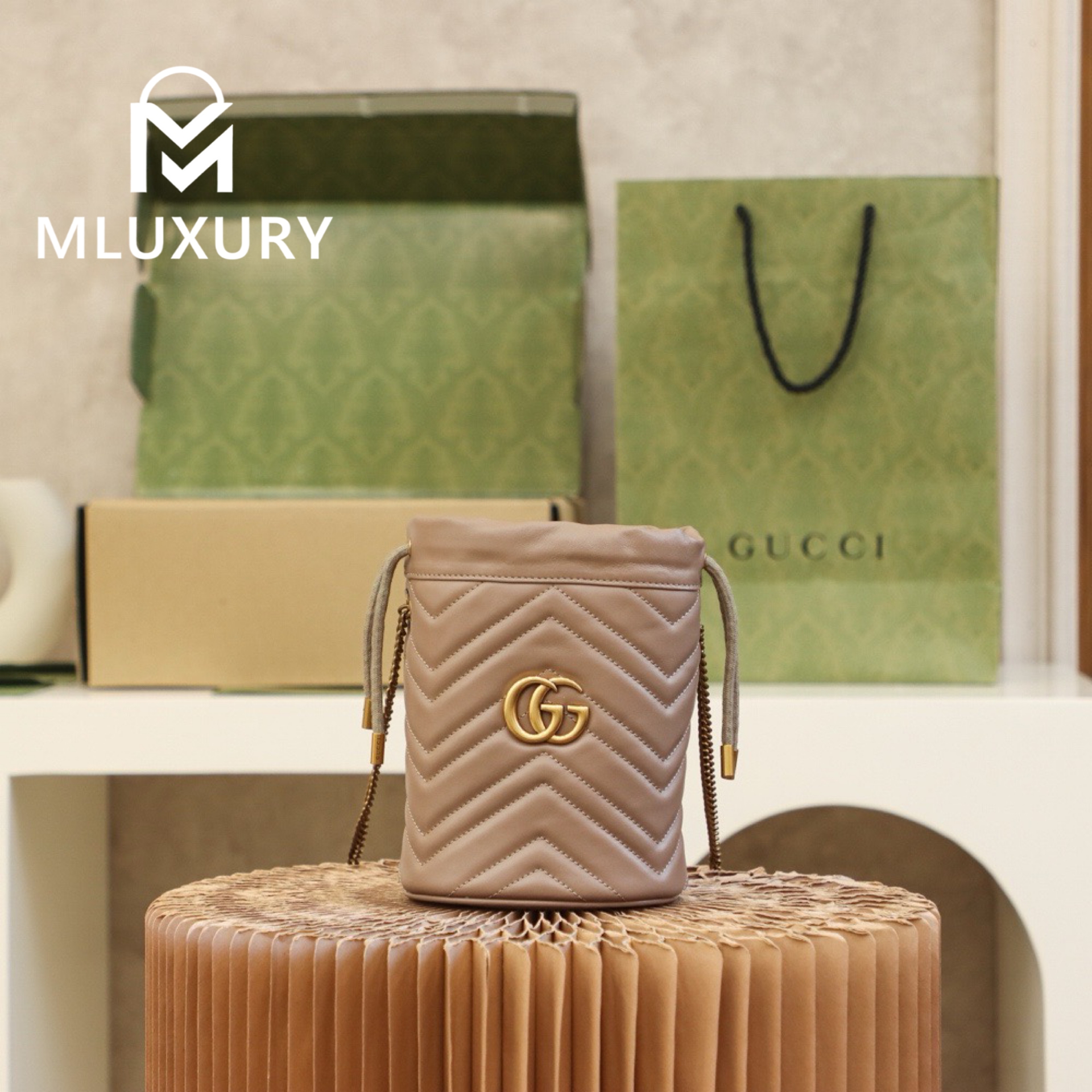 GUCCI Marmont MINI Bucket Bag, Genuine Leather, Apricot