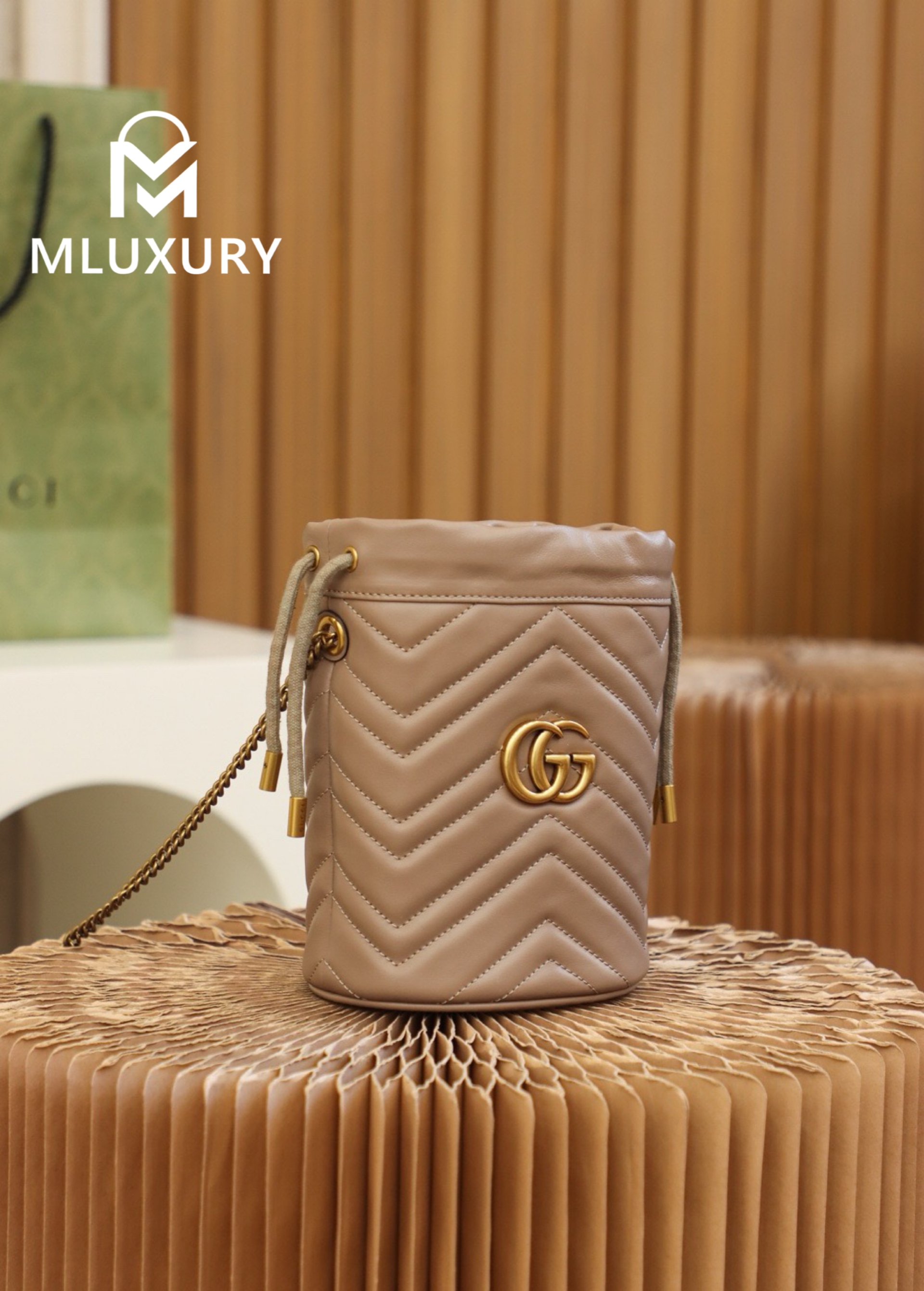 GUCCI Marmont MINI Bucket Bag, Genuine Leather, Apricot
