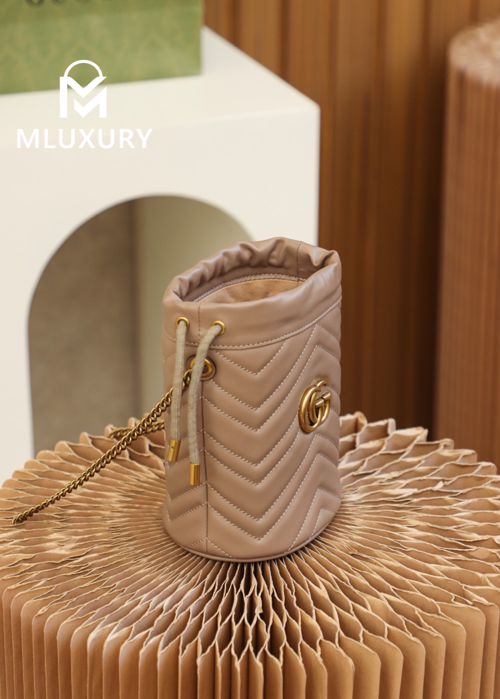 GUCCI Marmont MINI Bucket Bag, Genuine Leather, Apricot