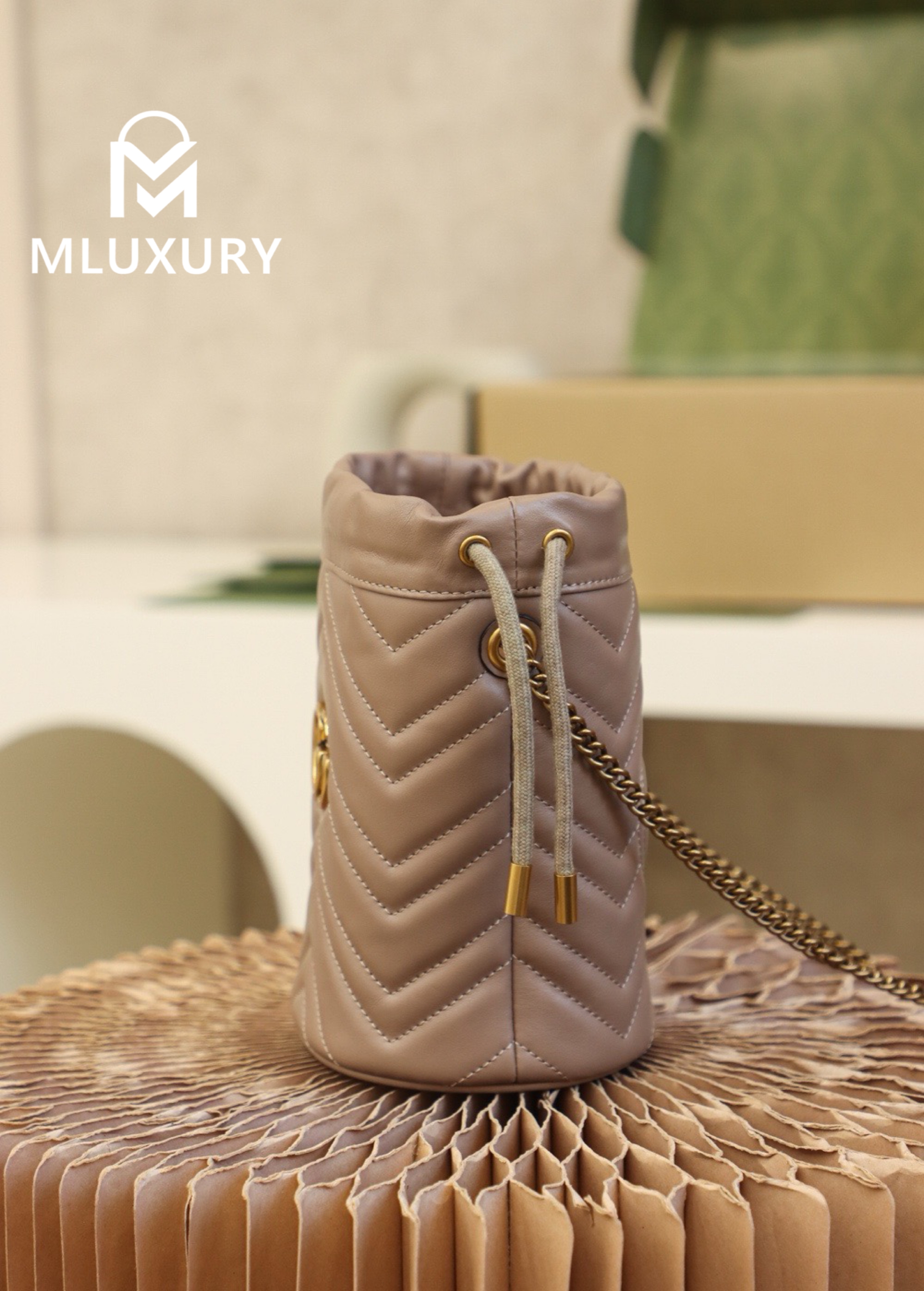 GUCCI Marmont MINI Bucket Bag, Genuine Leather, Apricot