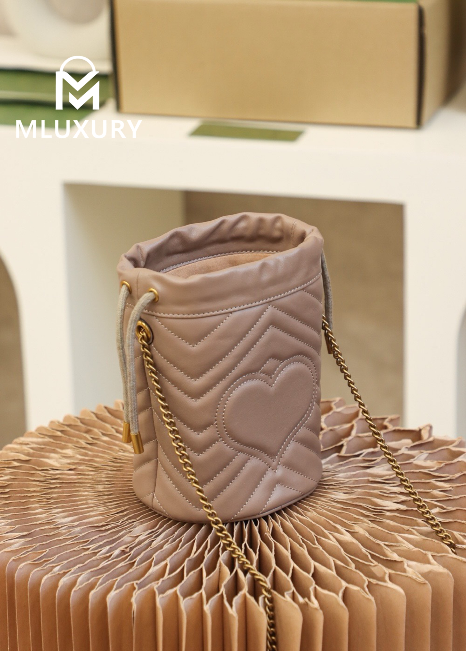 GUCCI Marmont MINI Bucket Bag, Genuine Leather, Apricot