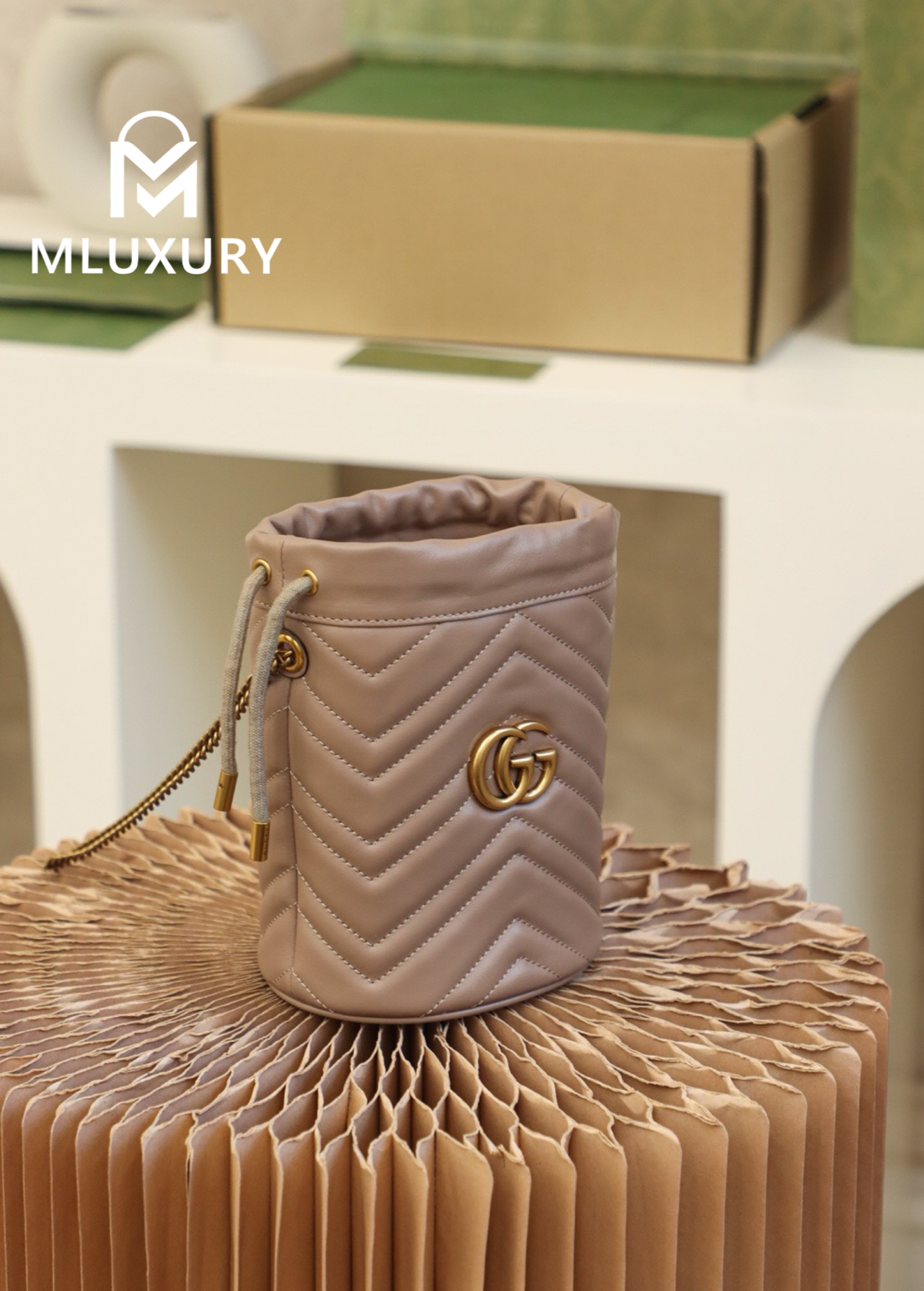 GUCCI Marmont MINI Bucket Bag, Genuine Leather, Apricot