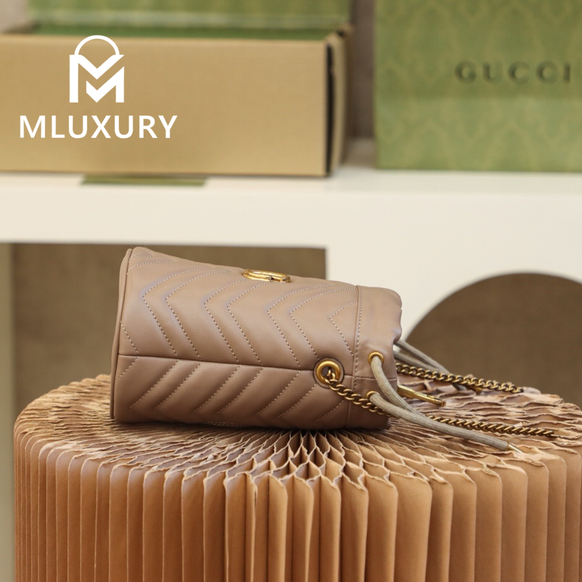 GUCCI Marmont MINI Bucket Bag, Genuine Leather, Apricot