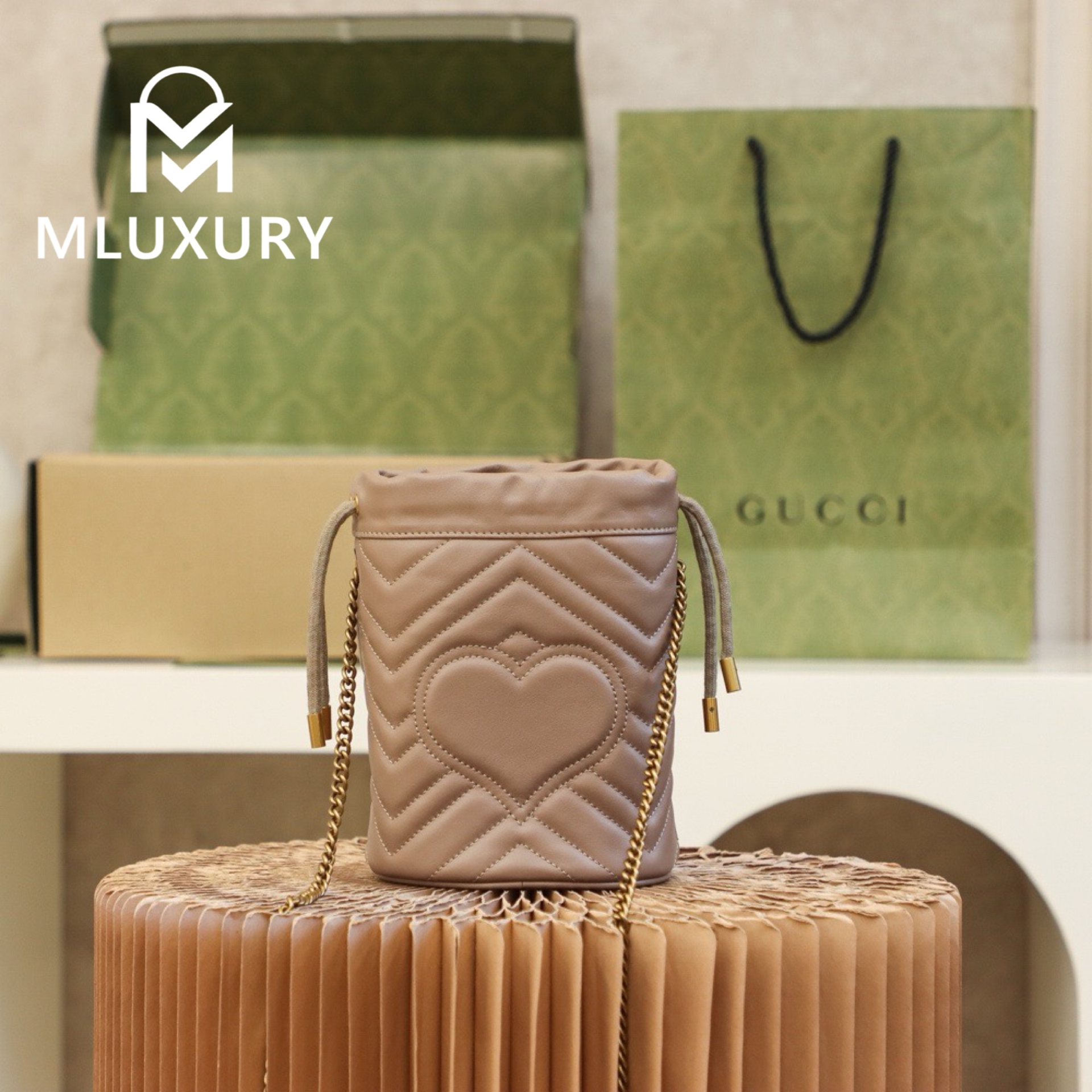 GUCCI Marmont MINI Bucket Bag, Genuine Leather, Apricot