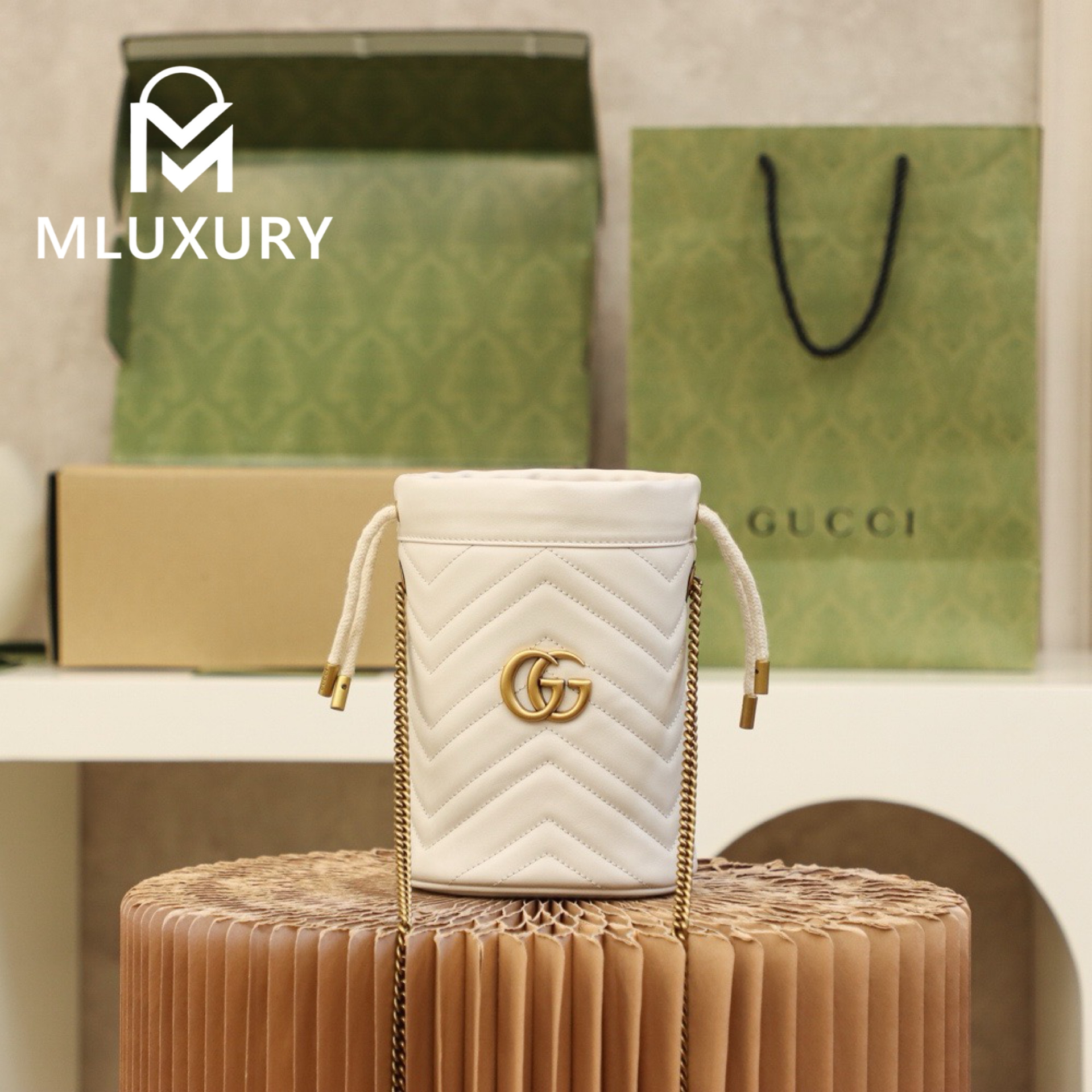 GUCCI Marmont MINI Bucket Bag, Genuine Leather, White