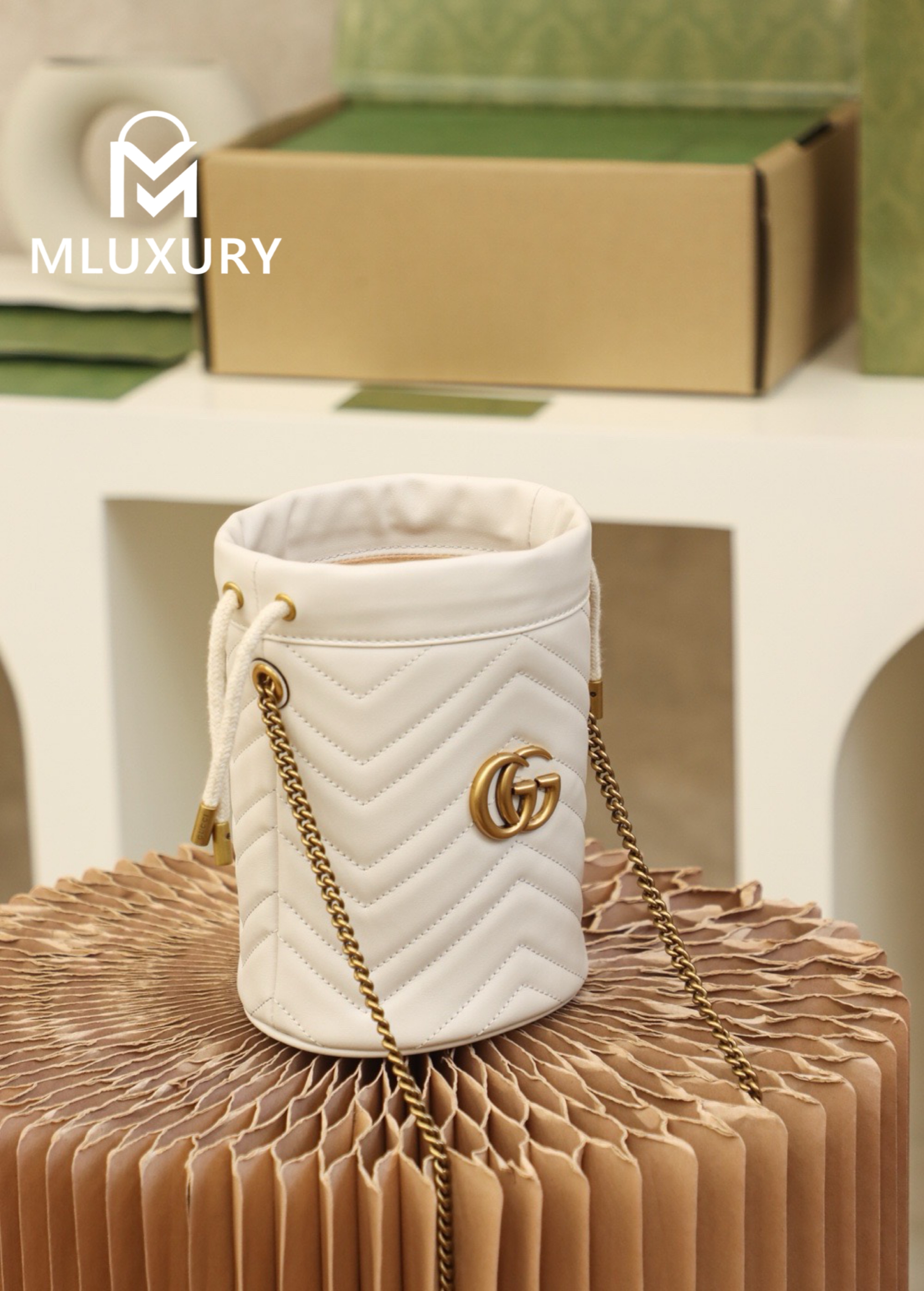 GUCCI Marmont MINI Bucket Bag, Genuine Leather, White