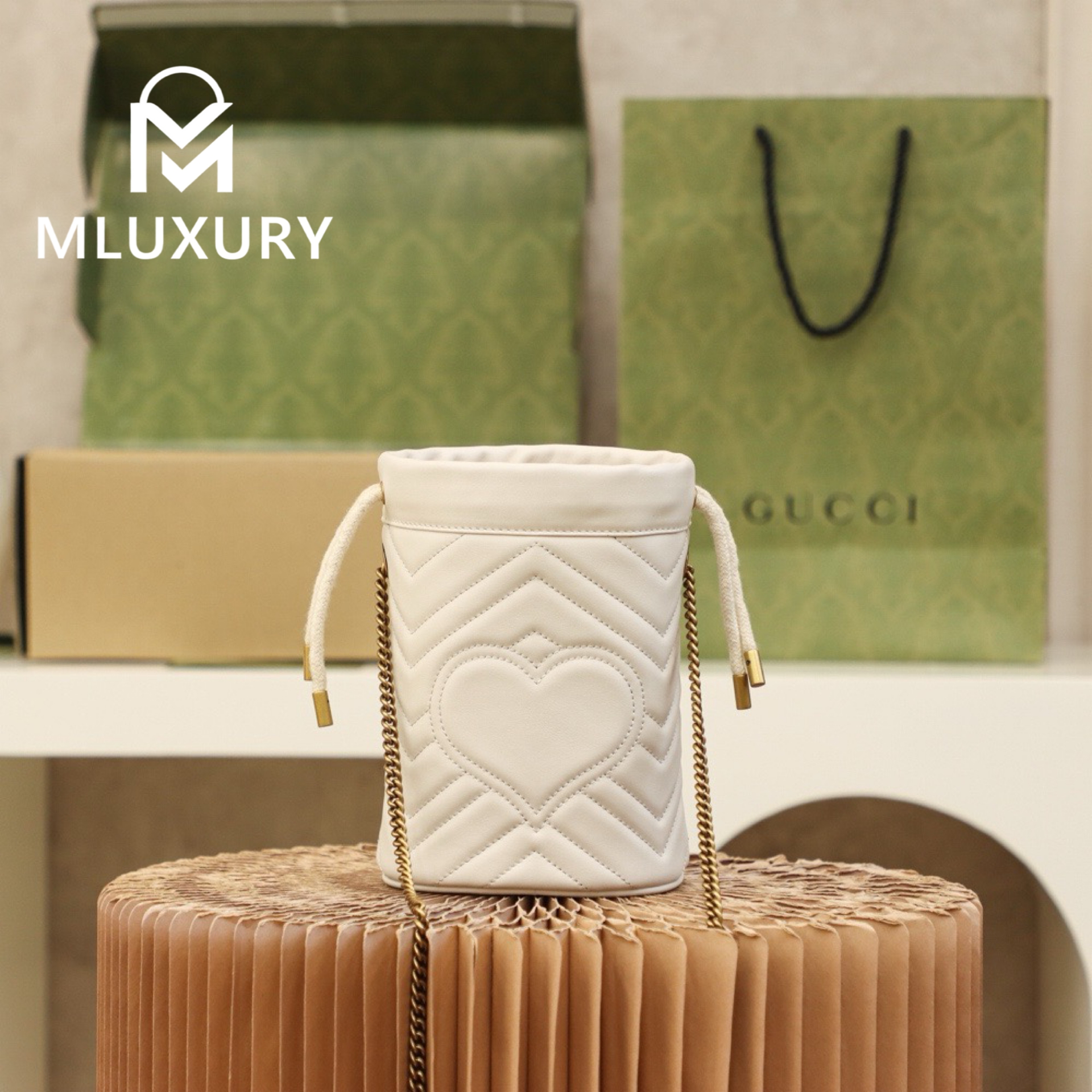 GUCCI Marmont MINI Bucket Bag, Genuine Leather, White