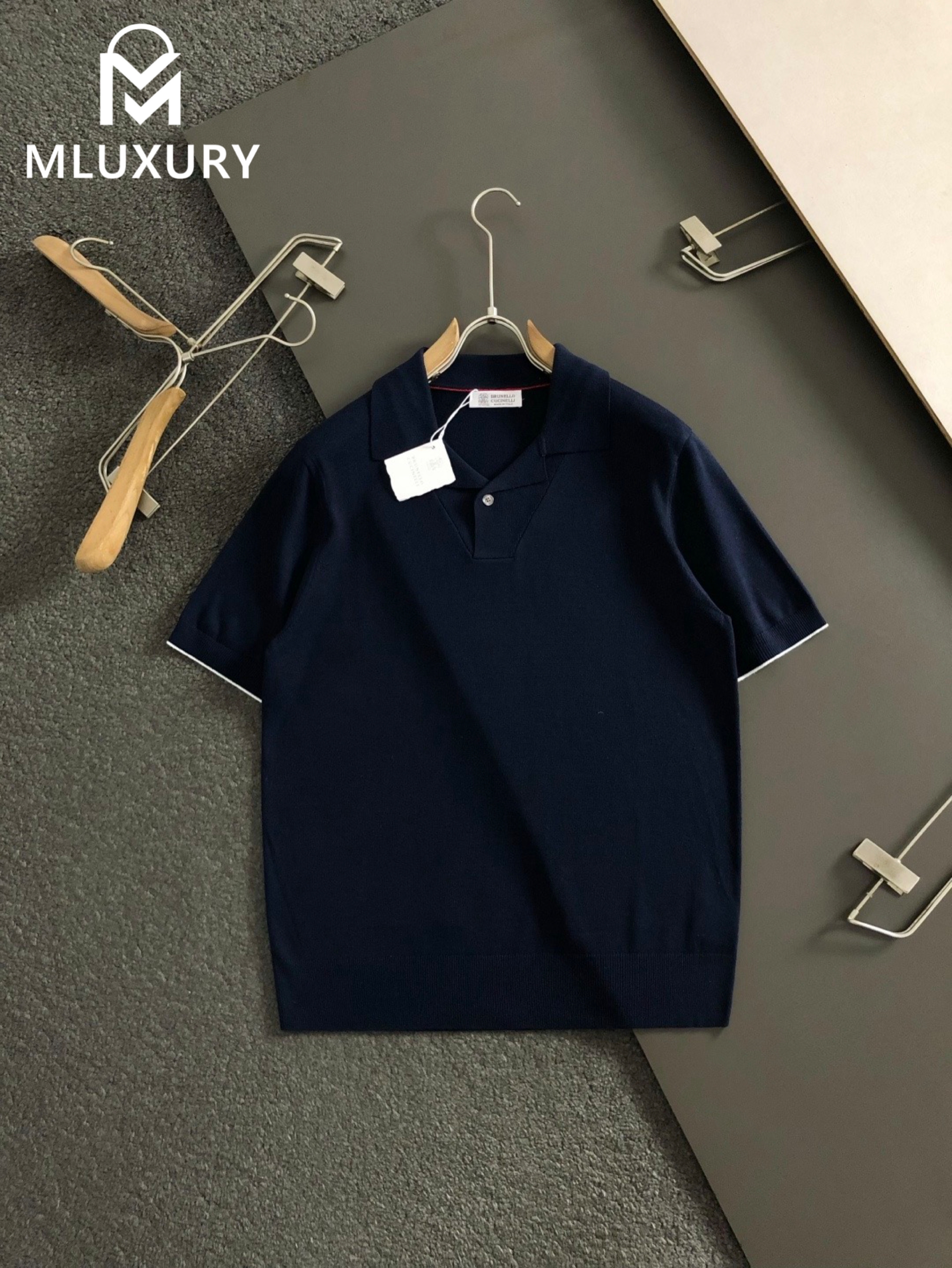 BRUNELLO CUCINELLI Seagull collar knit polo shirt Navy Blue