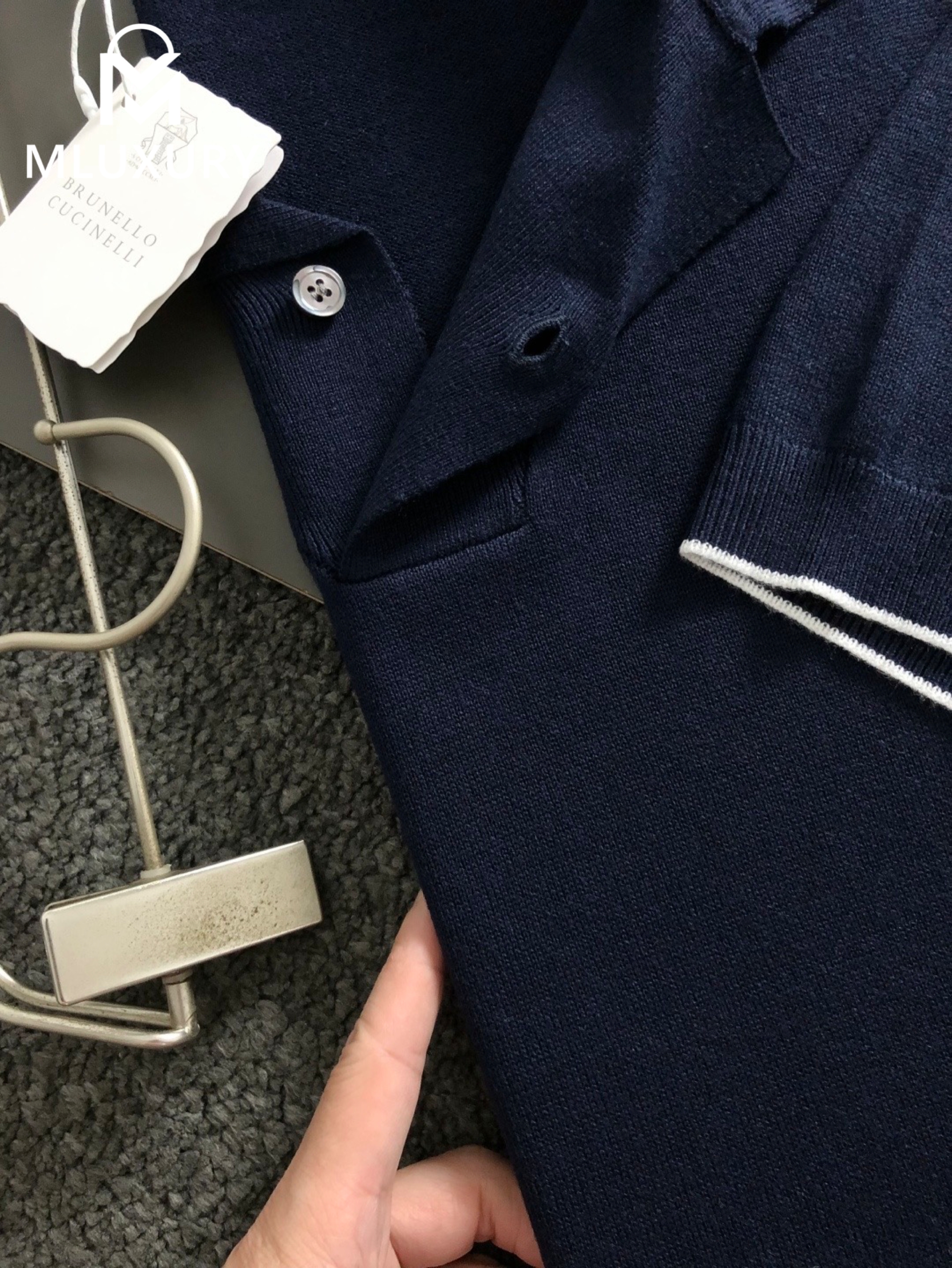 BRUNELLO CUCINELLI Seagull collar knit polo shirt Navy Blue