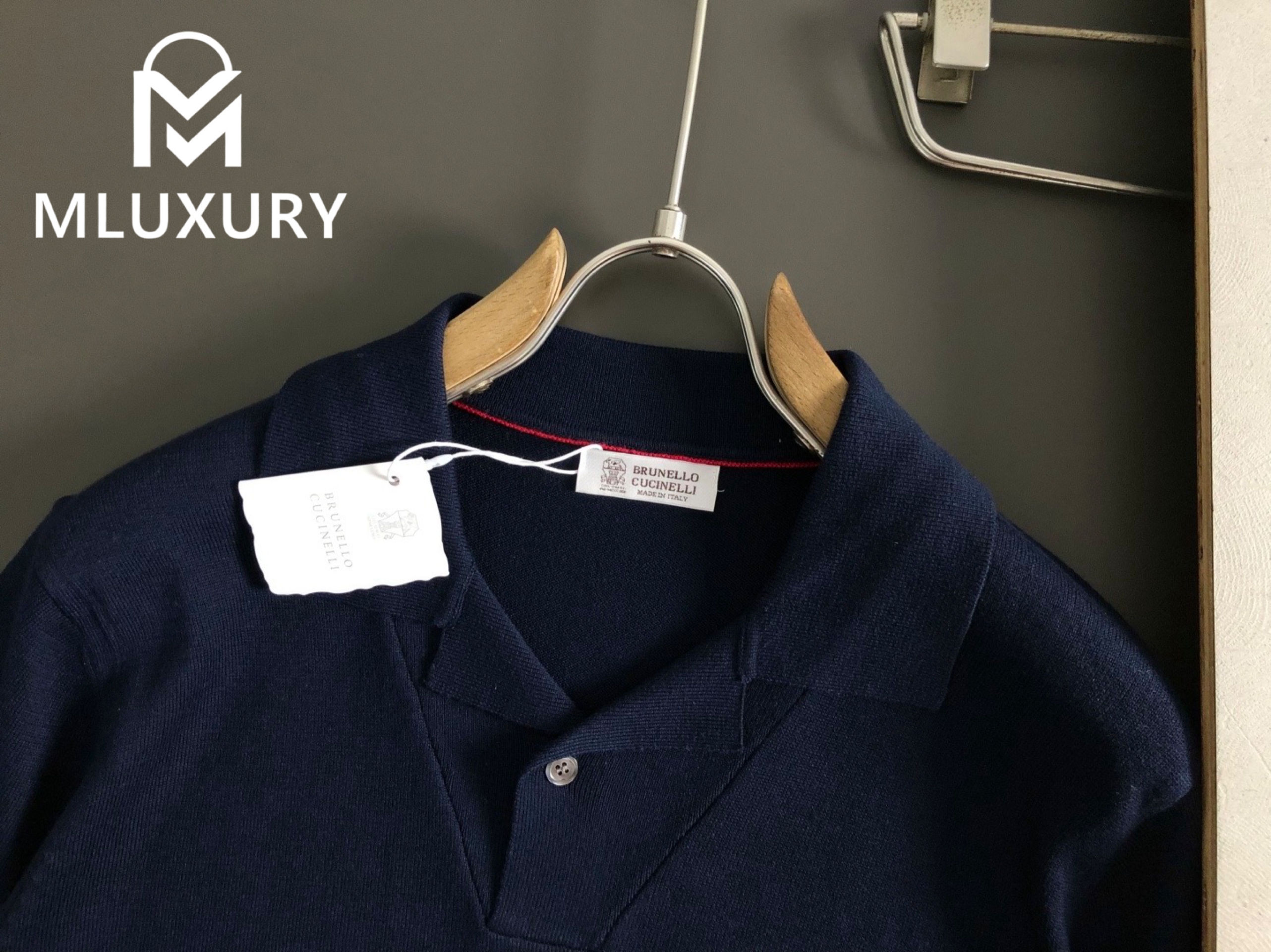 BRUNELLO CUCINELLI Seagull collar knit polo shirt Navy Blue