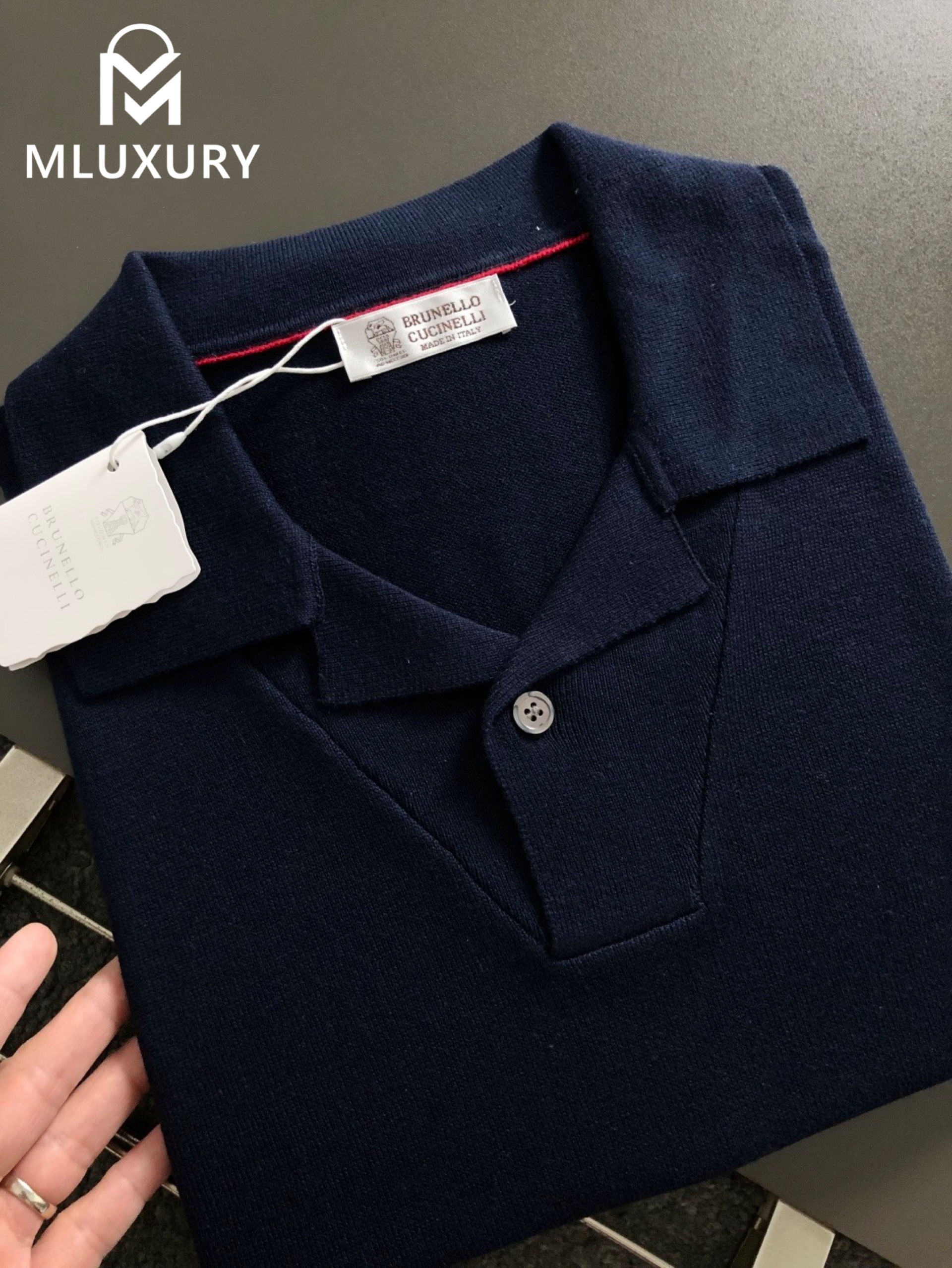 BRUNELLO CUCINELLI Seagull collar knit polo shirt Navy Blue