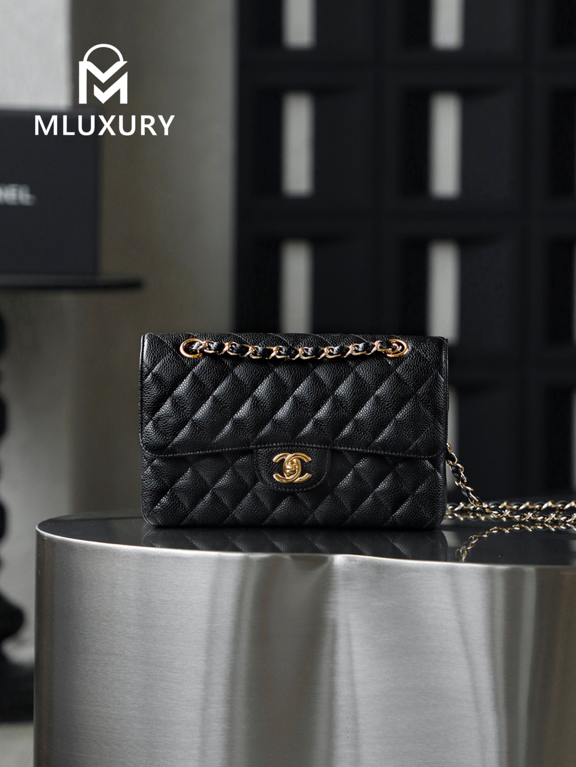 CHANEL CF23 (Classic Flap) Small, Black & Gold, Hass Caviar Leather