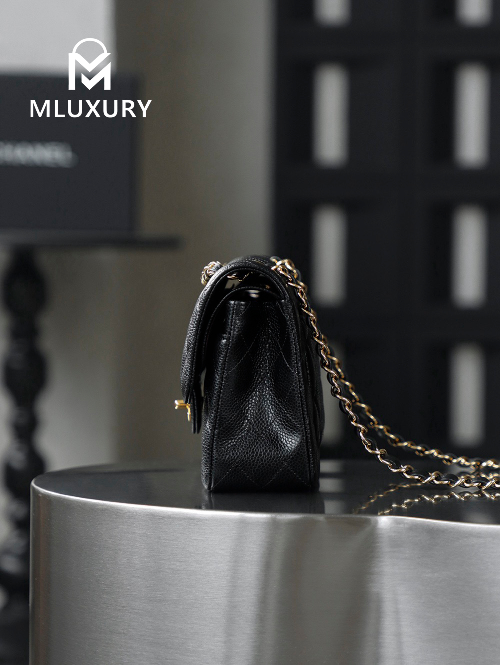 CHANEL CF23 (Classic Flap) Small, Black & Gold, Hass Caviar Leather