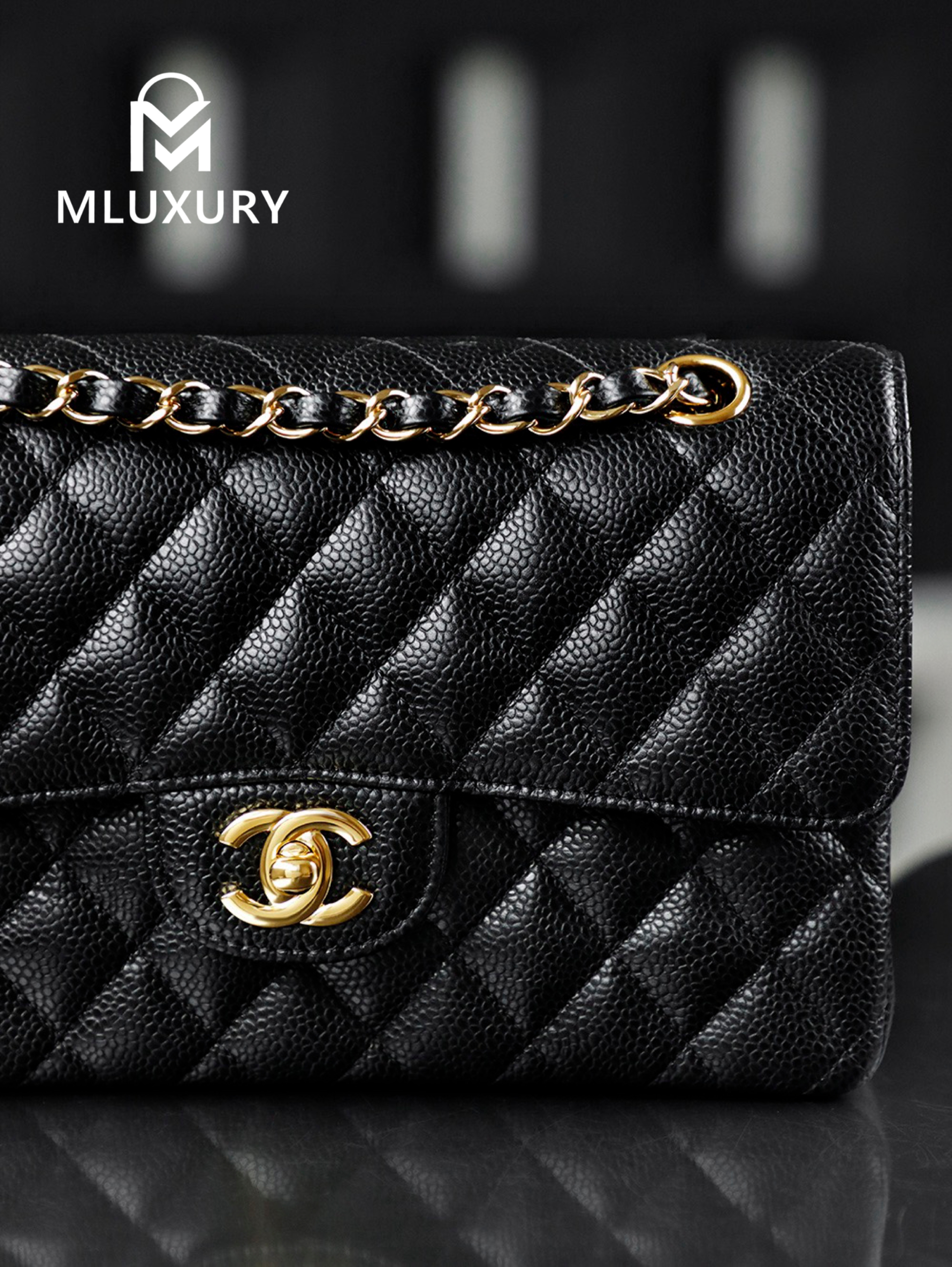CHANEL CF23 (Classic Flap) Small, Black & Gold, Hass Caviar Leather