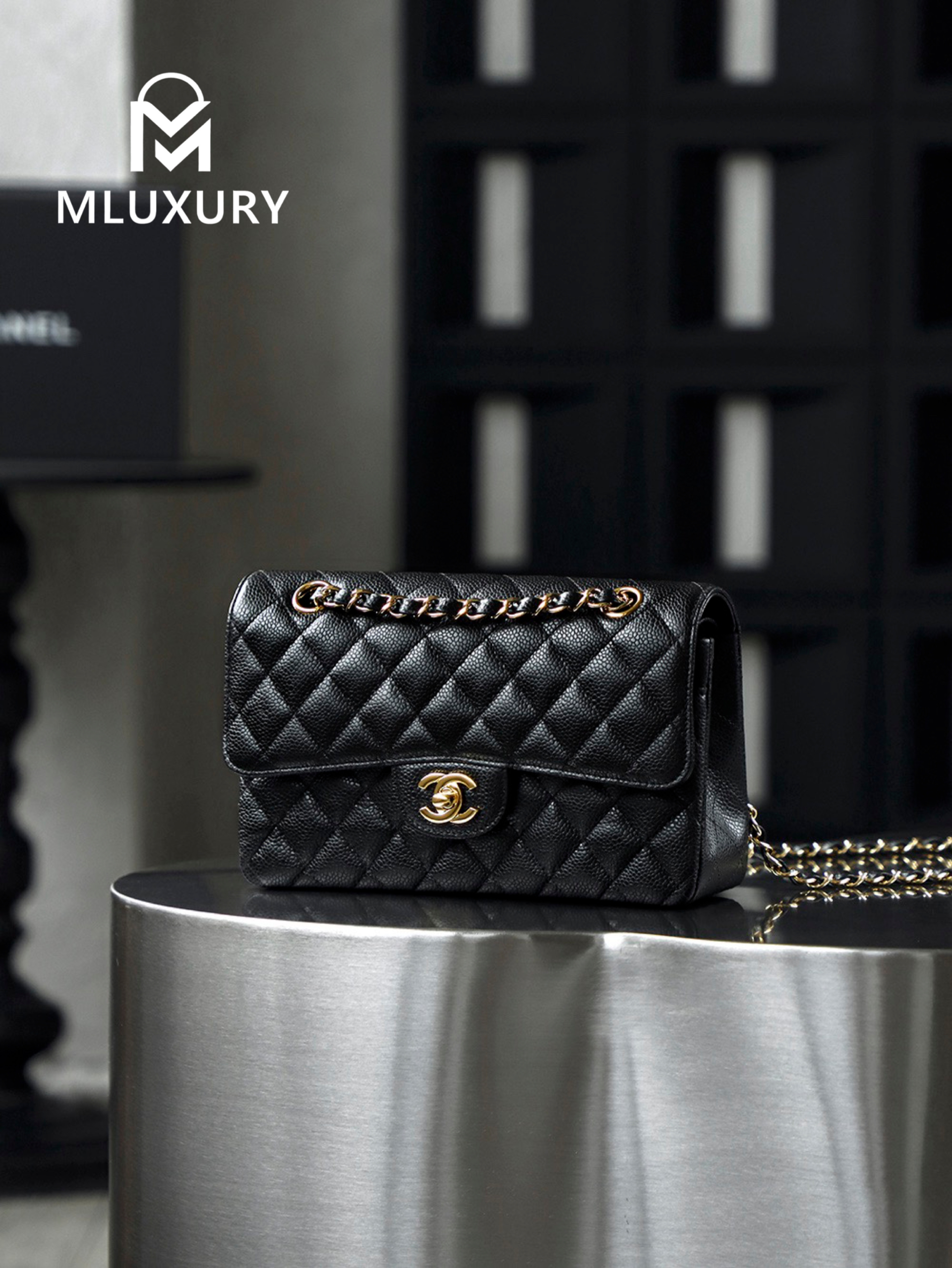 CHANEL CF23 (Classic Flap) Small, Black & Gold, Hass Caviar Leather