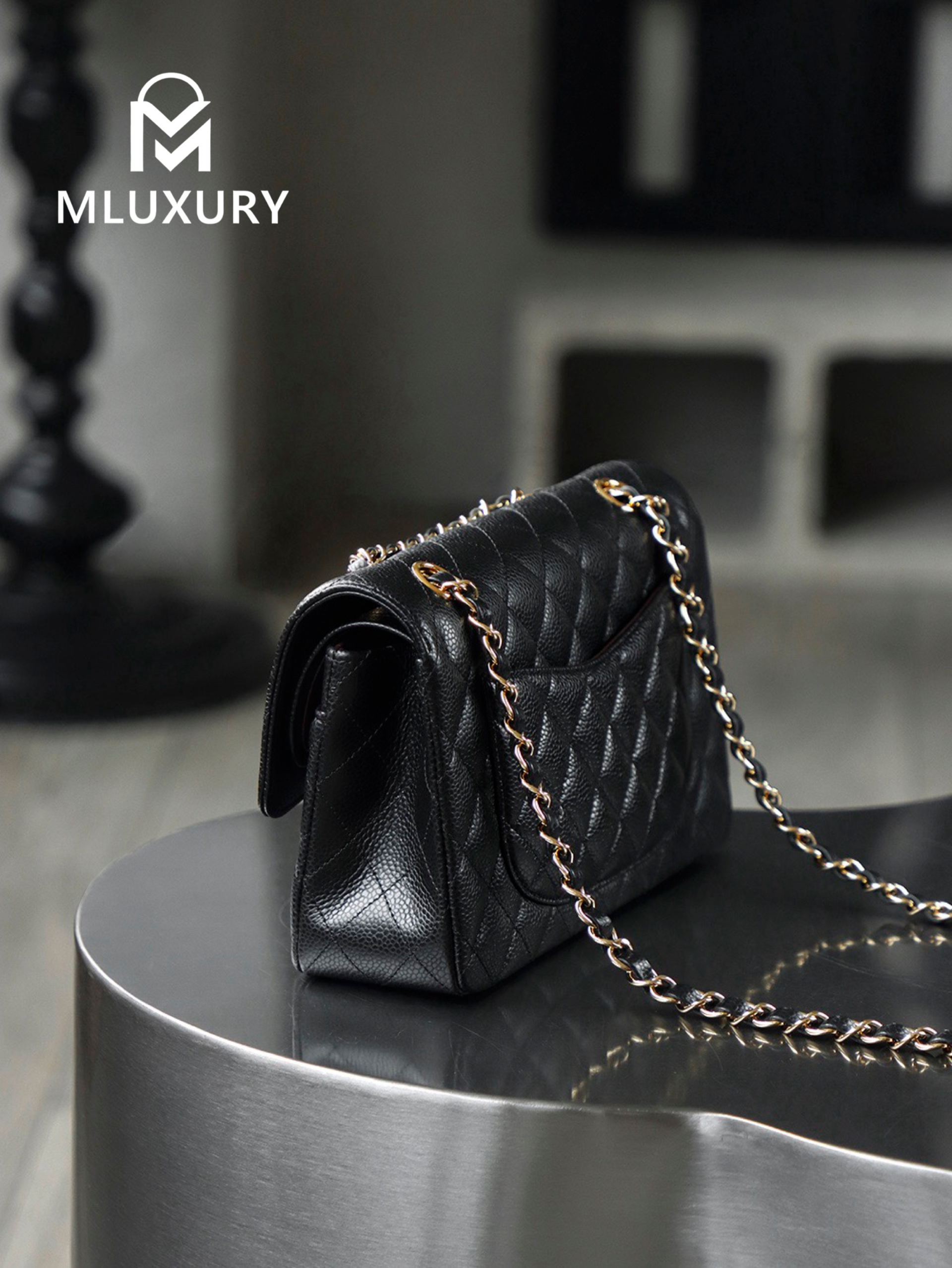 CHANEL CF23 (Classic Flap) Small, Black & Gold, Hass Caviar Leather