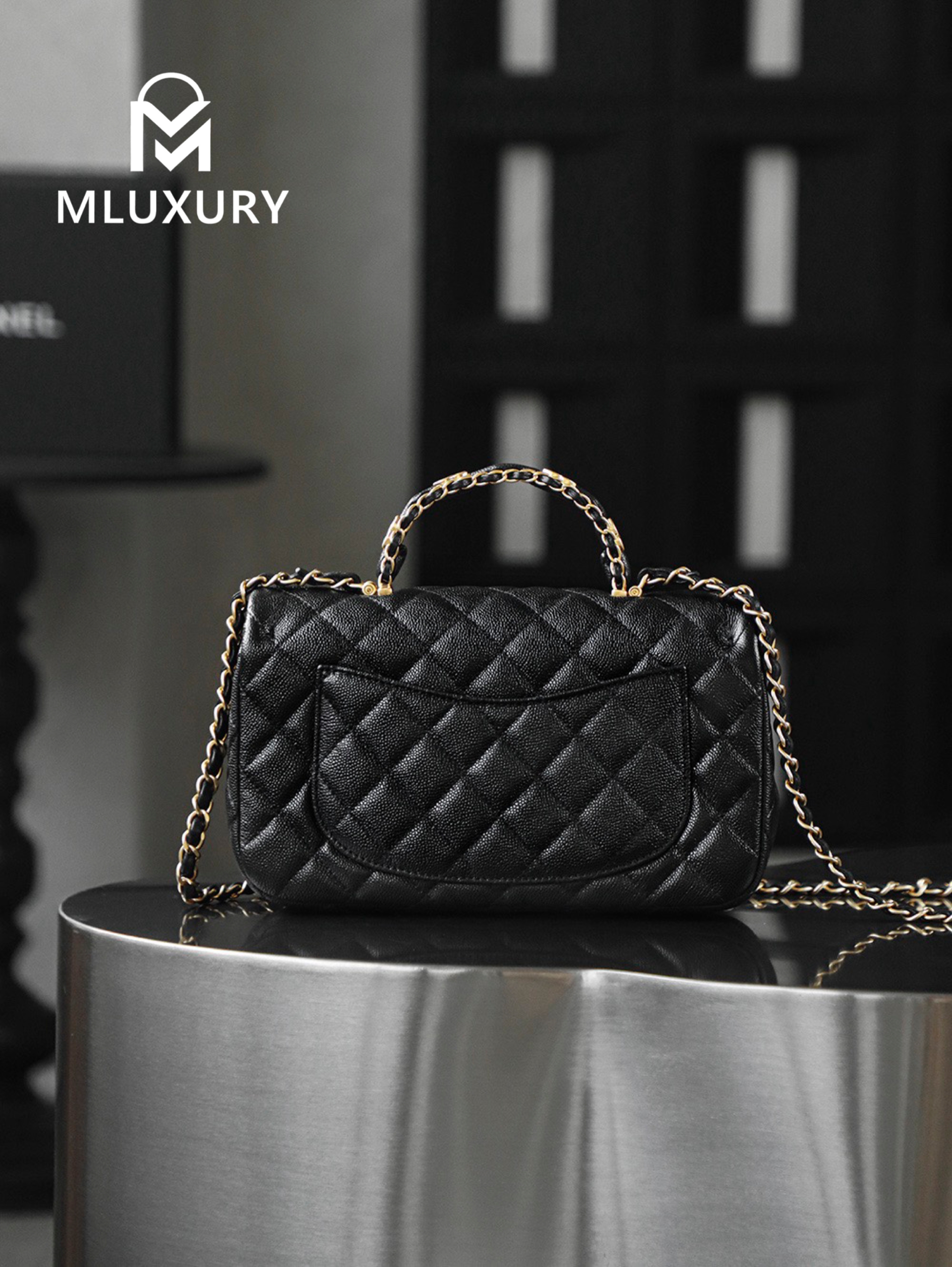 CHANEL CF MINI (25B Leather-Plated Chain), Black & Gold