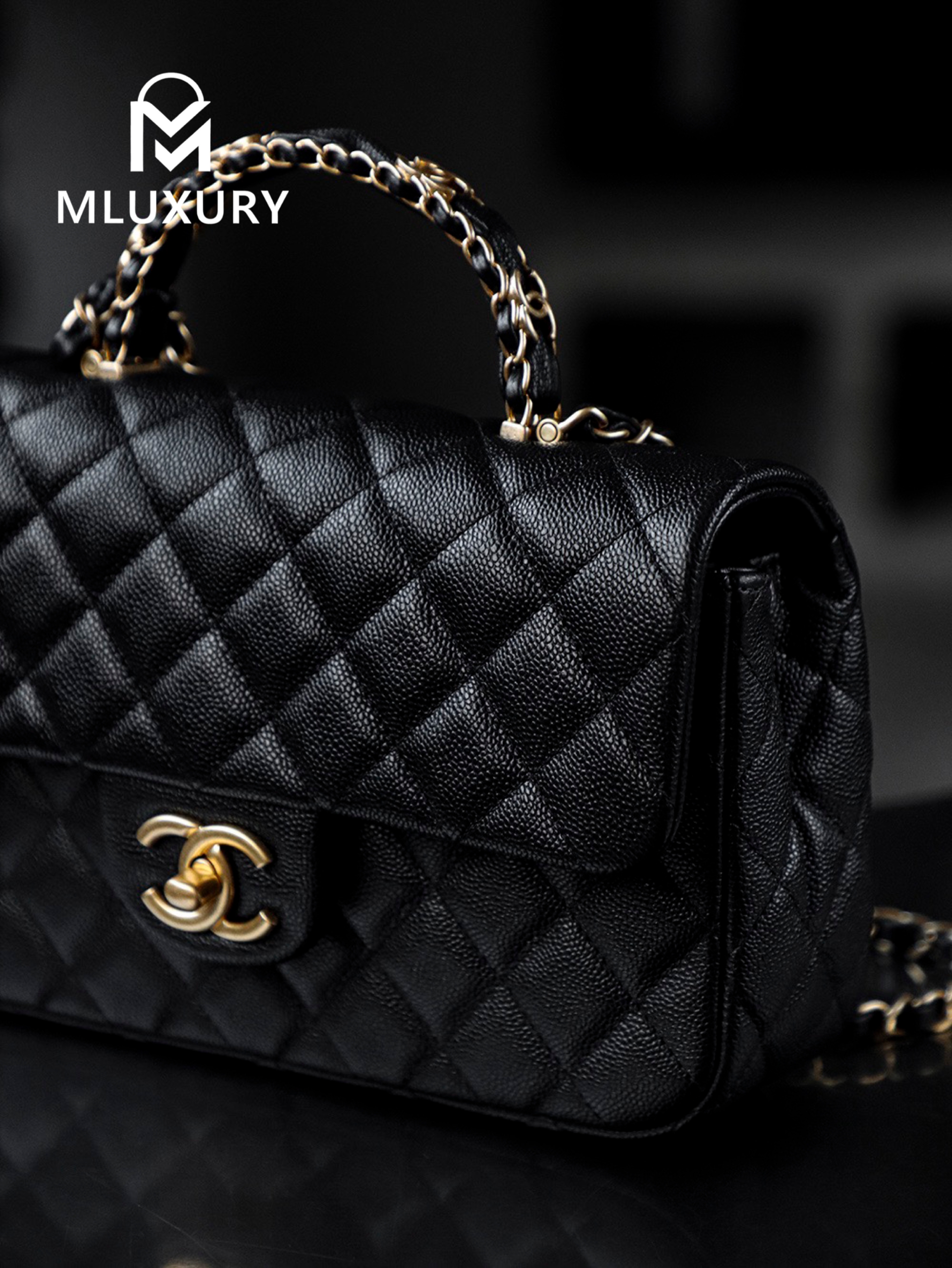 CHANEL CF MINI (25B Leather-Plated Chain), Black & Gold