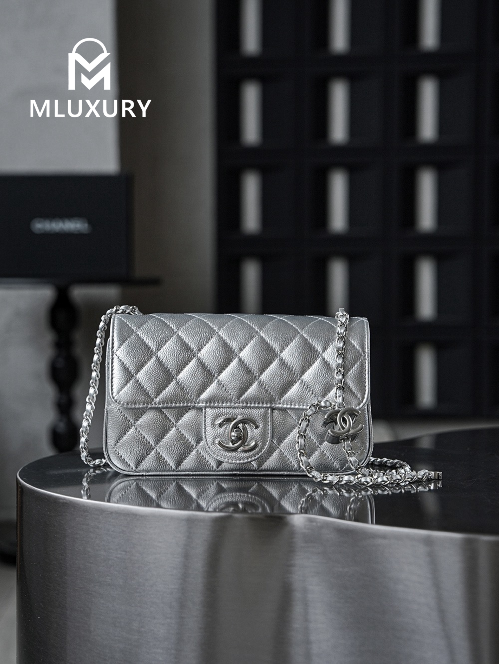 CHANEL 25B CF mini, Gaira lambskin, silver