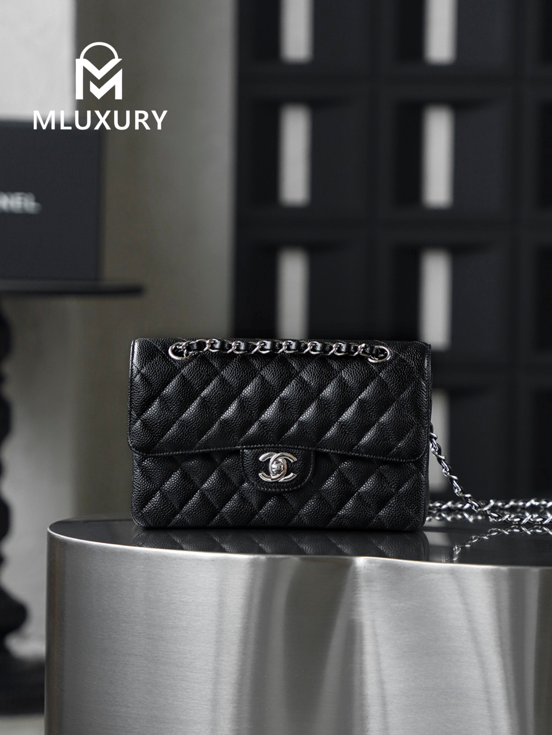 CHANEL CF23 (Classic Flap) Small, Black & Silver, Hass Caviar Leather