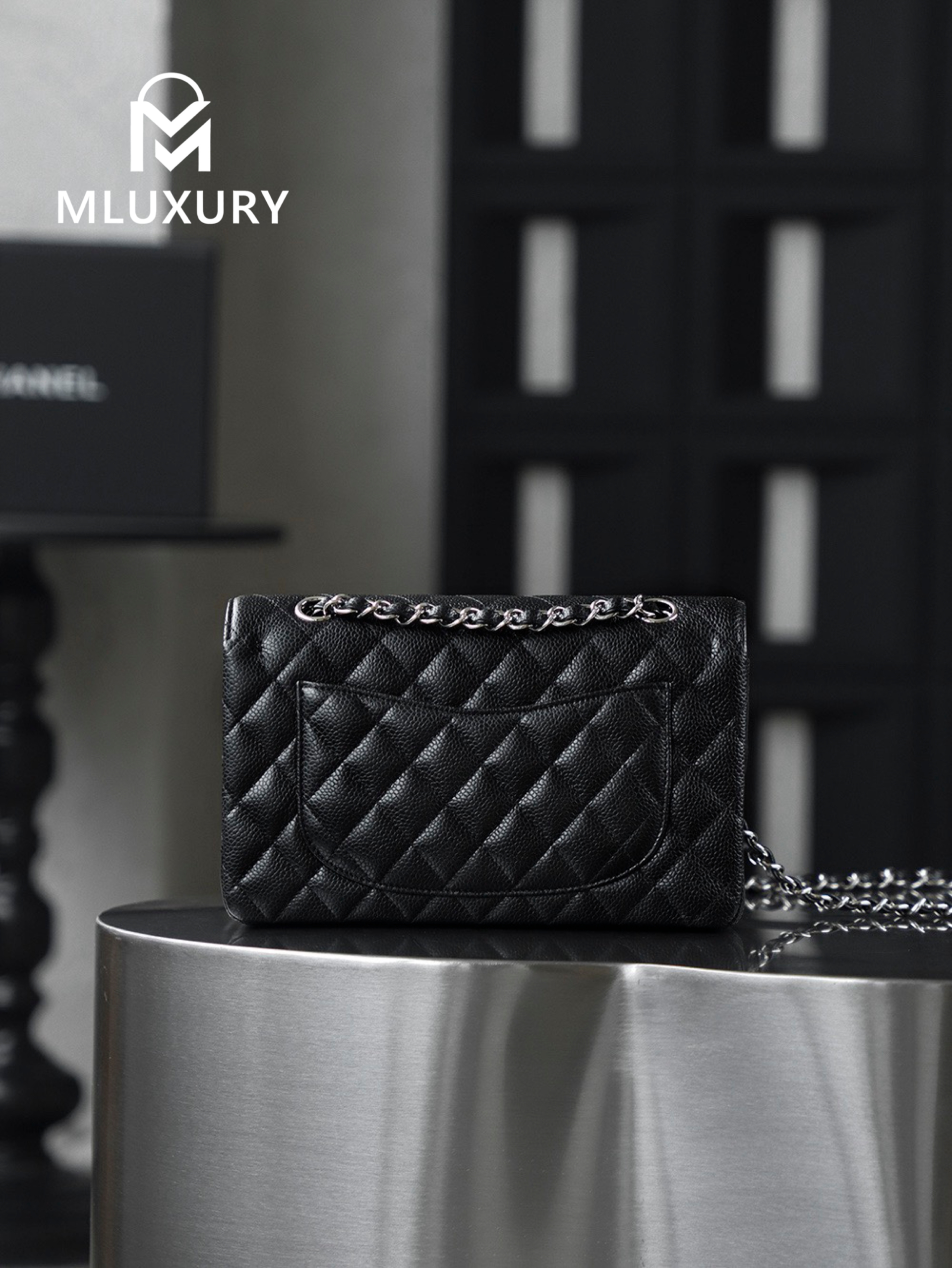 CHANEL CF23 (Classic Flap) Small, Black & Silver, Hass Caviar Leather