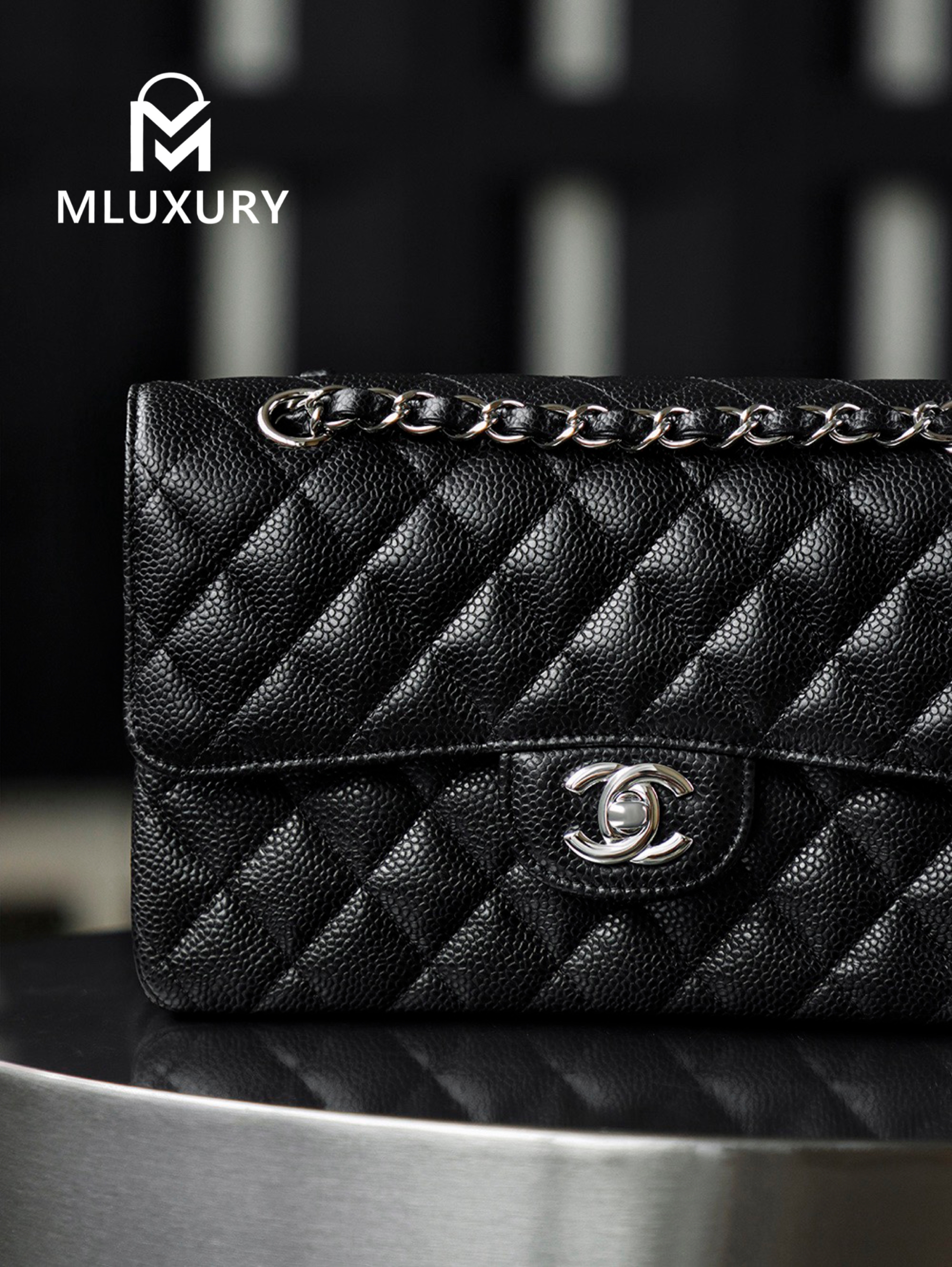 CHANEL CF23 (Classic Flap) Small, Black & Silver, Hass Caviar Leather