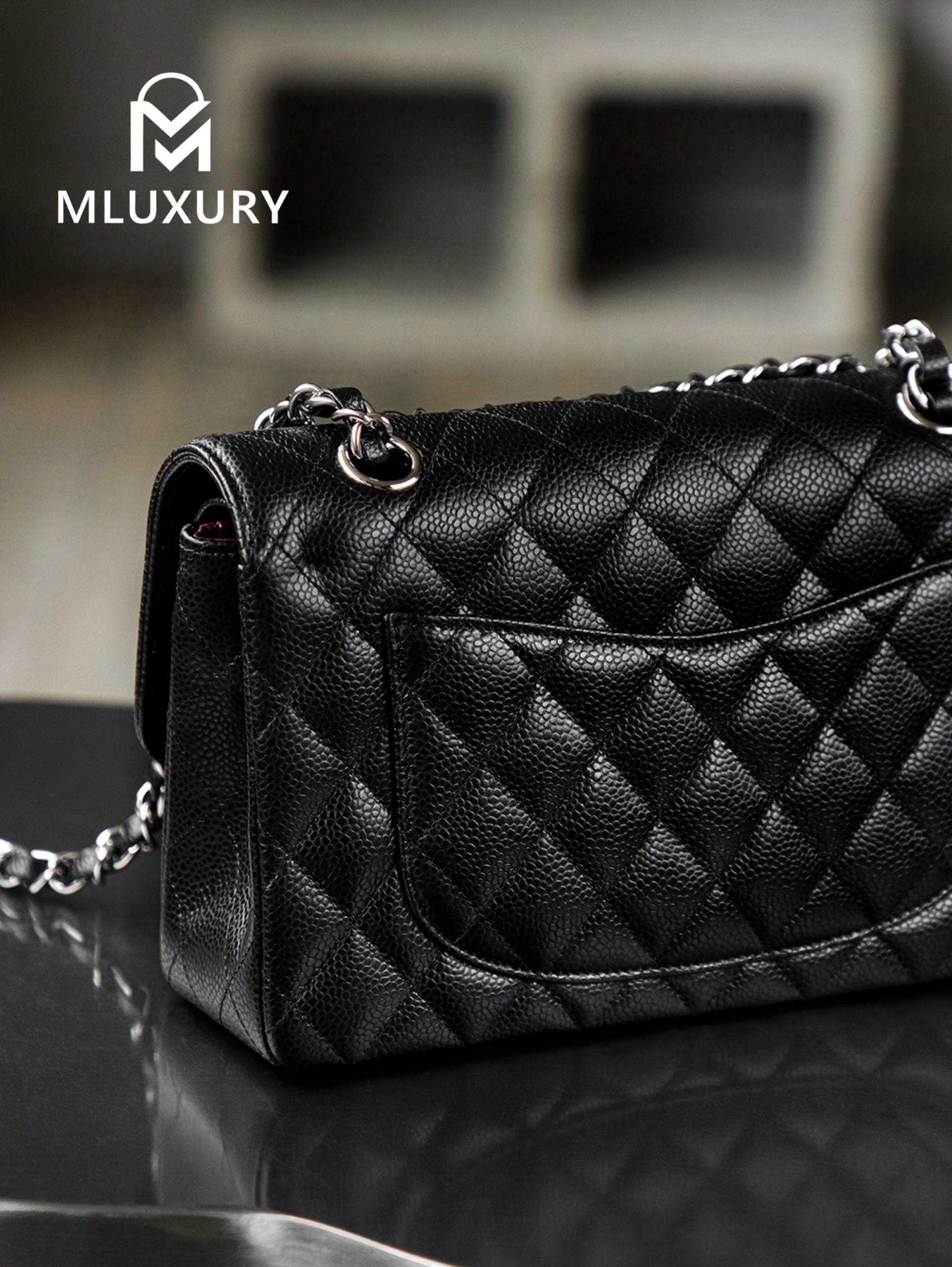 CHANEL CF23 (Classic Flap) Small, Black & Silver, Hass Caviar Leather