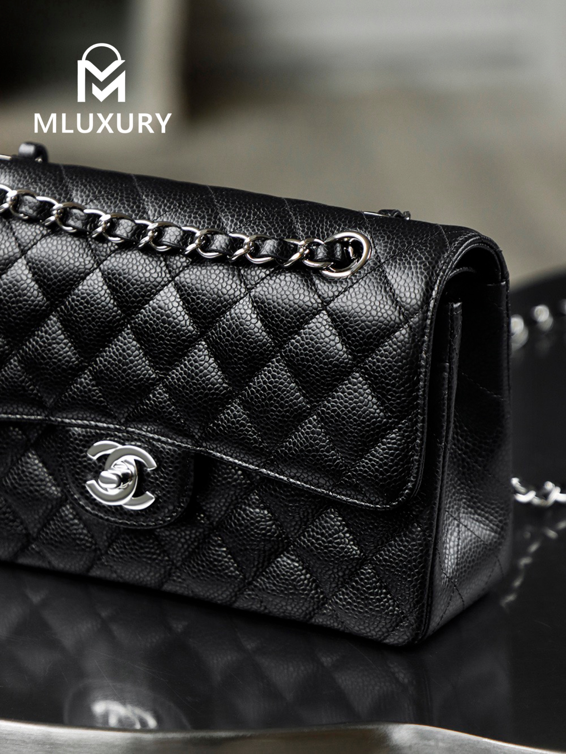 CHANEL CF23 (Classic Flap) Small, Black & Silver, Hass Caviar Leather
