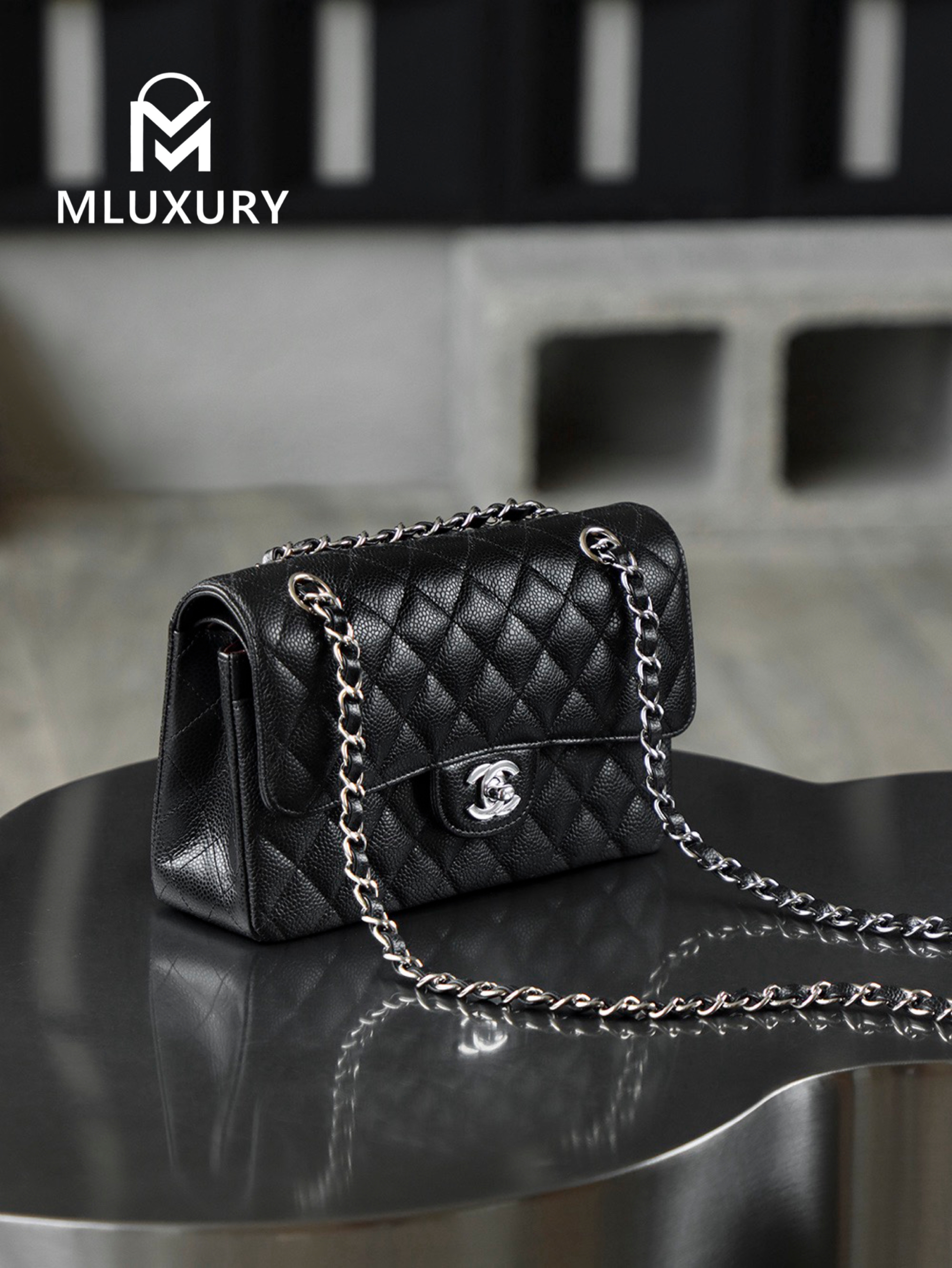 CHANEL CF23 (Classic Flap) Small, Black & Silver, Hass Caviar Leather