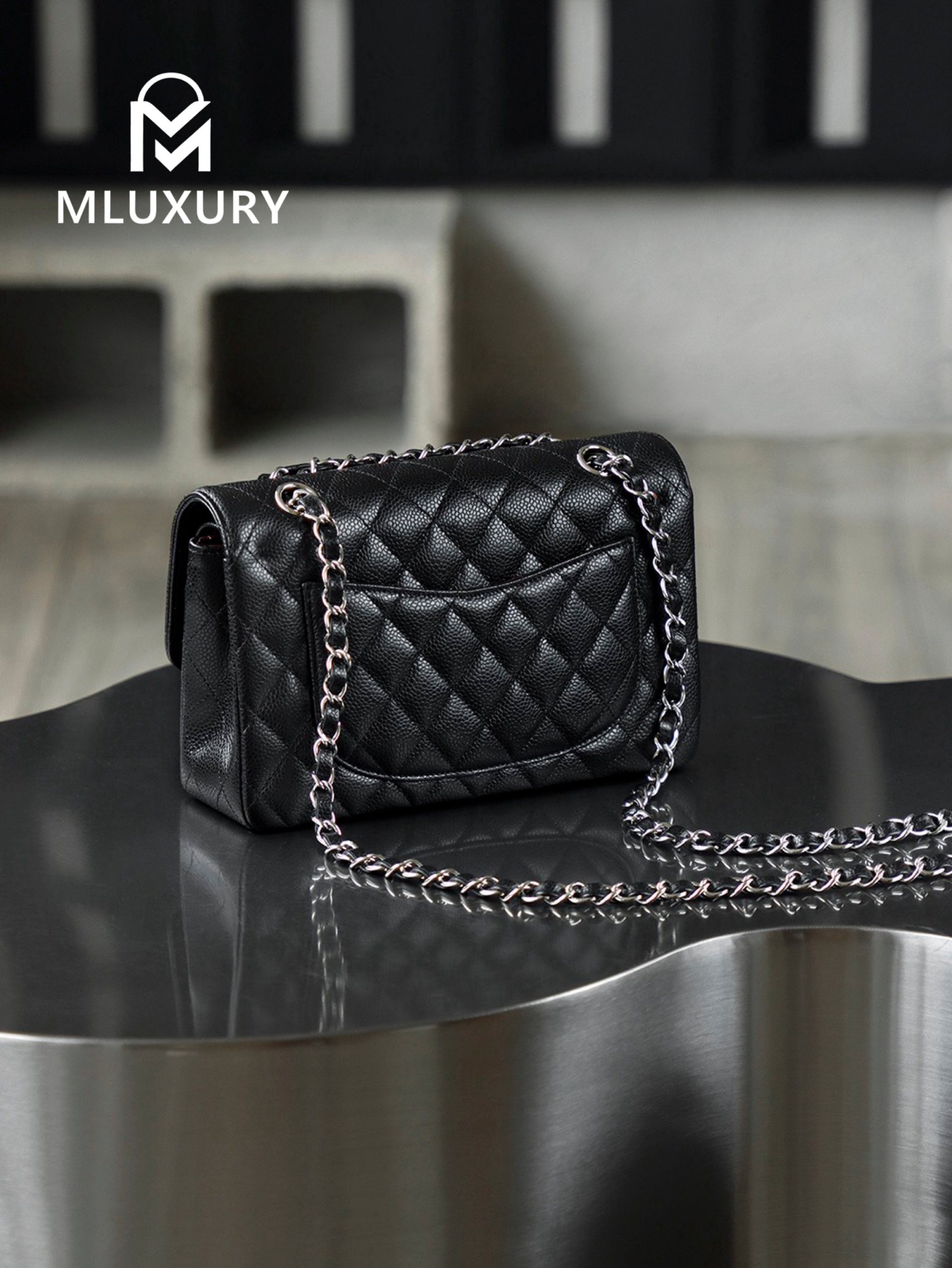 CHANEL CF23 (Classic Flap) Small, Black & Silver, Hass Caviar Leather