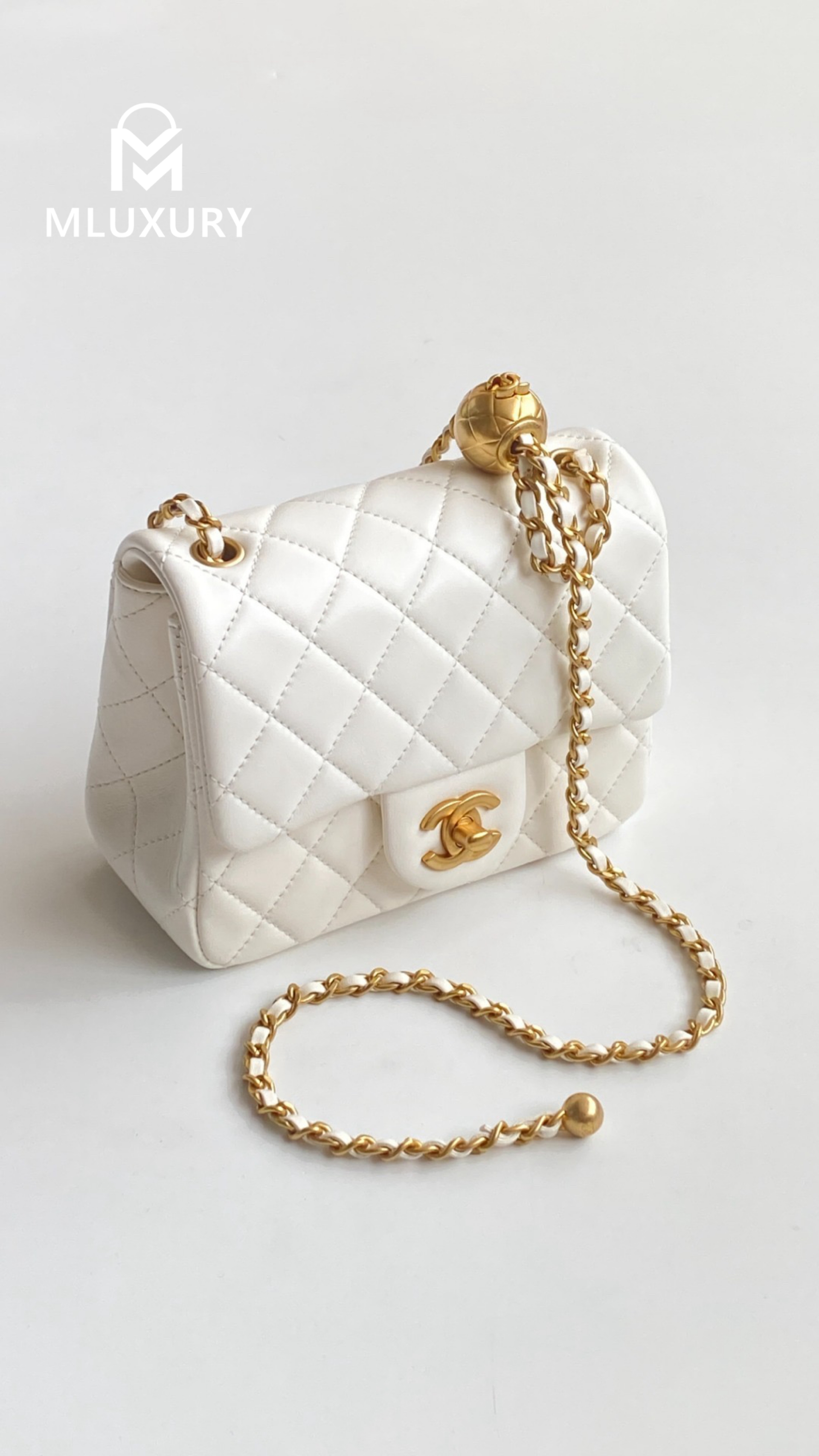 CHANEL Mini Flap Bag Pearl Crush, White&Gold