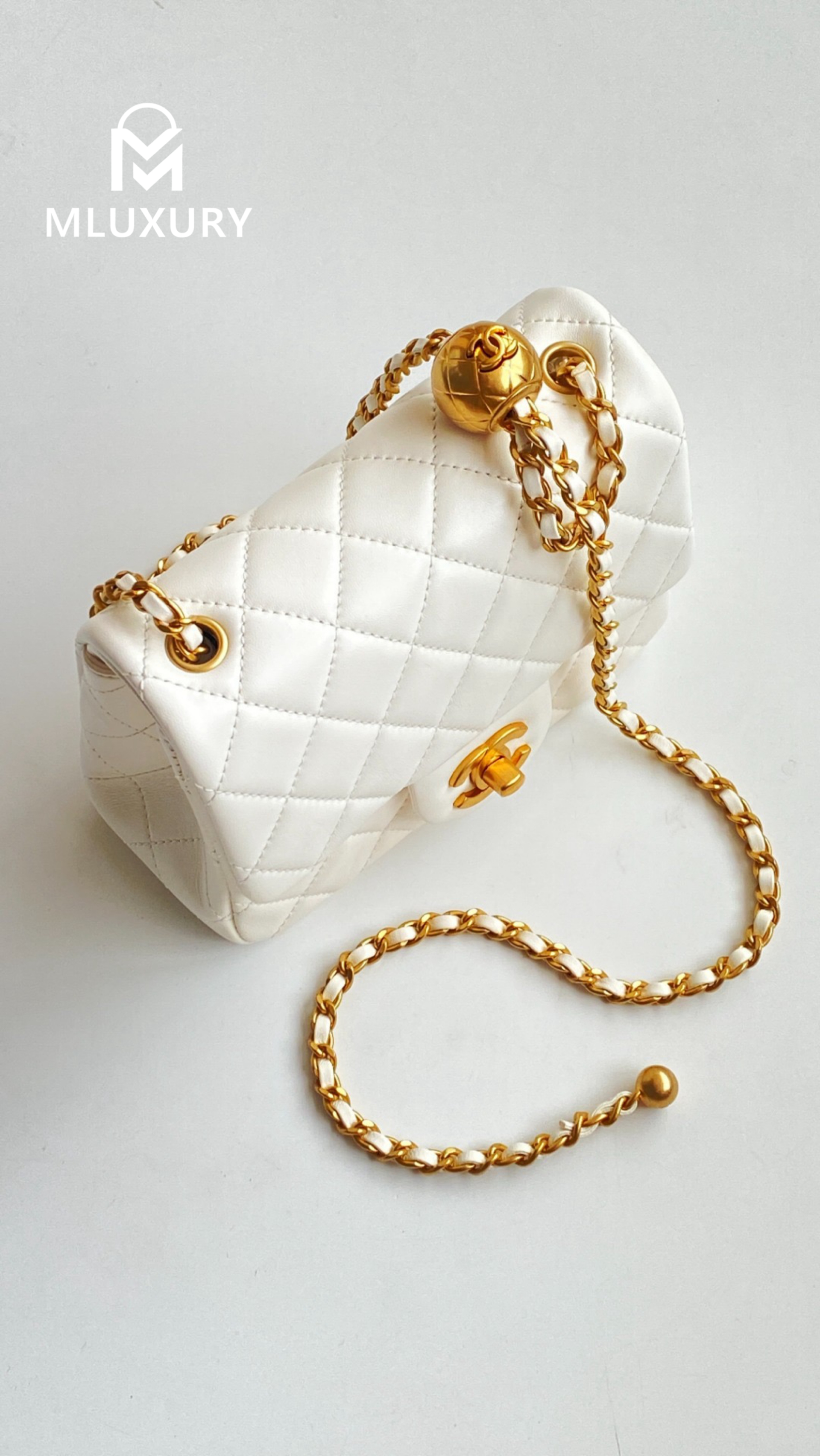 CHANEL Mini Flap Bag Pearl Crush, White&Gold