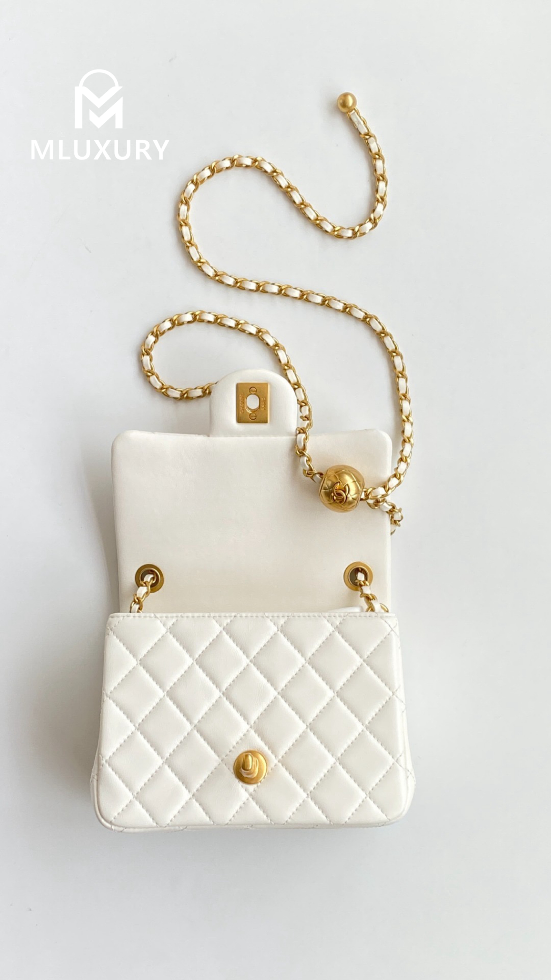 CHANEL Mini Flap Bag Pearl Crush, White&Gold